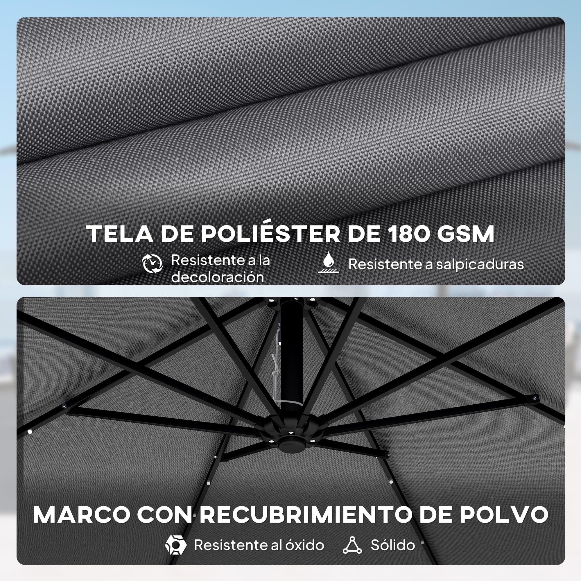 Outsunny Parasol Excéntrico con Luces LED Solares Ø330 cm | Sombrilla de Jardín, Base Cruzada, Manivela, Funda Protectora, Cuerda de Viento, Anti-UV 50+, Terraza, Patio
