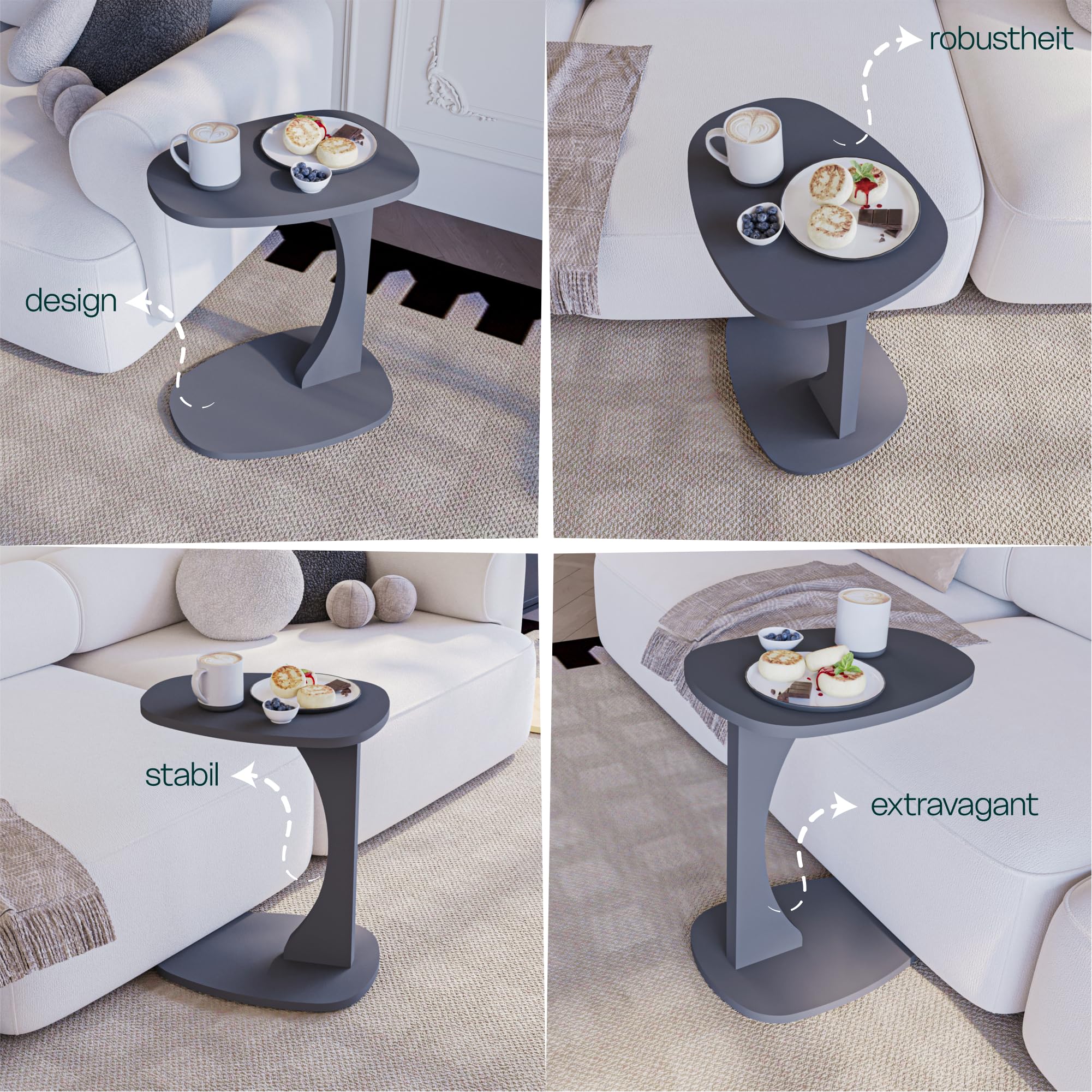 sugodesign Beistelltisch Couch mit Rollen, Kleiner Beistelltisch C-Form, Sofatisch in stylischem Anthrazit, Kleiner Couchtisch fürs Wohnzimmer, ideale Ablagefläche für Laptops, Tassen - Norma