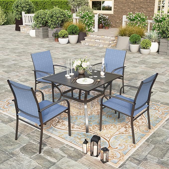 HERA'S HOUSE 5 Pieces Patio Dining Set, Outdoor Table and Chairs Set for 4, 4 x Blue Textilene Dining Chair, 37" Square Metal Dining Table, for Lawn Garden Backyard Deck