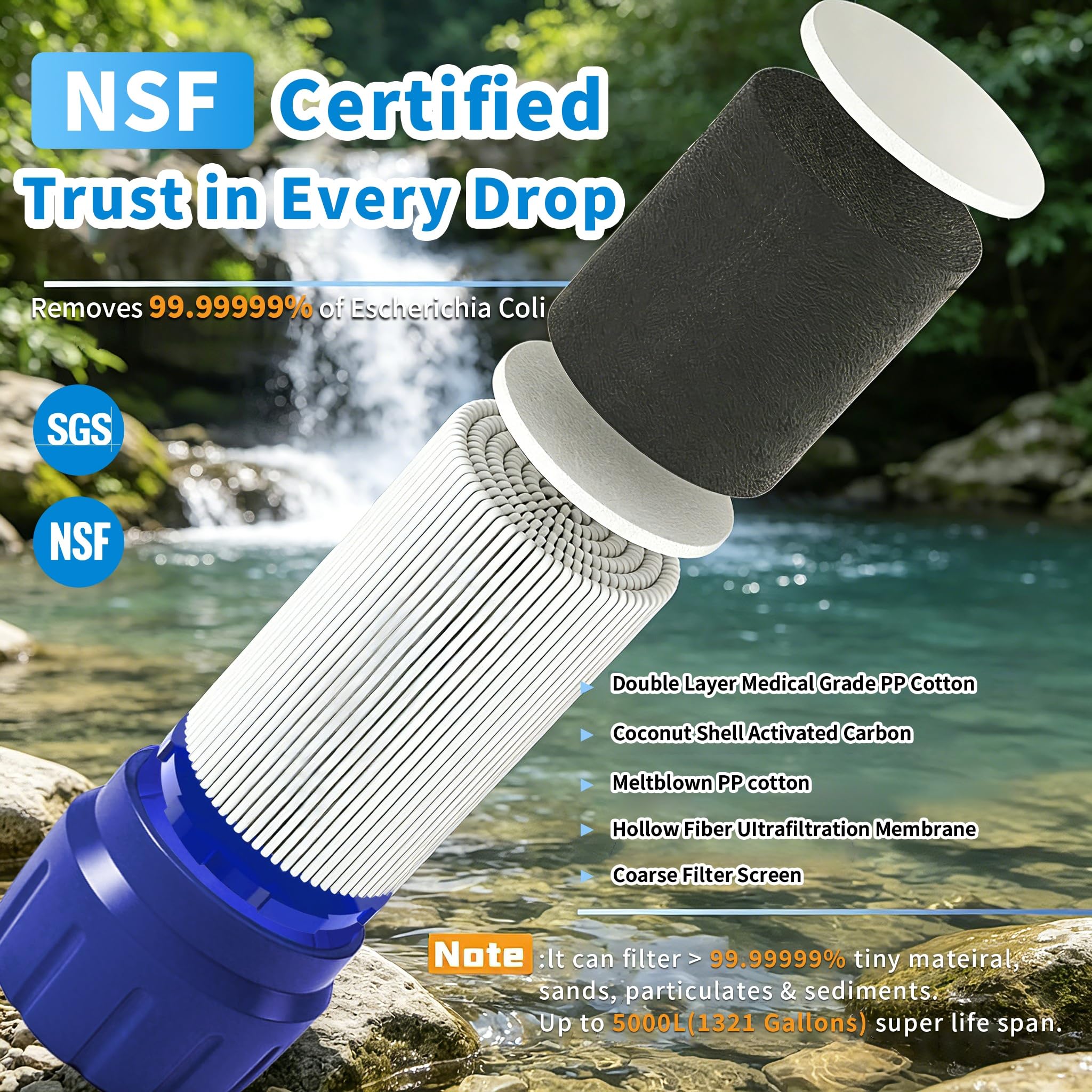 Paille filtrante à eau personnelle, purificateur d'eau portable certifié NSF, sans BPA, équipement de survie pour randonnée, camping, voyage, préparation aux situations d'urgence