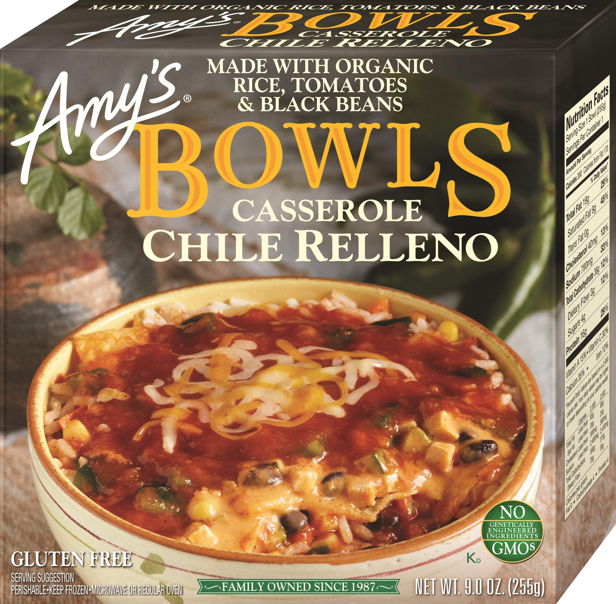Amy's Frozen Meals, Chile Relleno Casserole Bowl, Made with Organic Rice and Black Beans, Gluten Free, 9 oz.