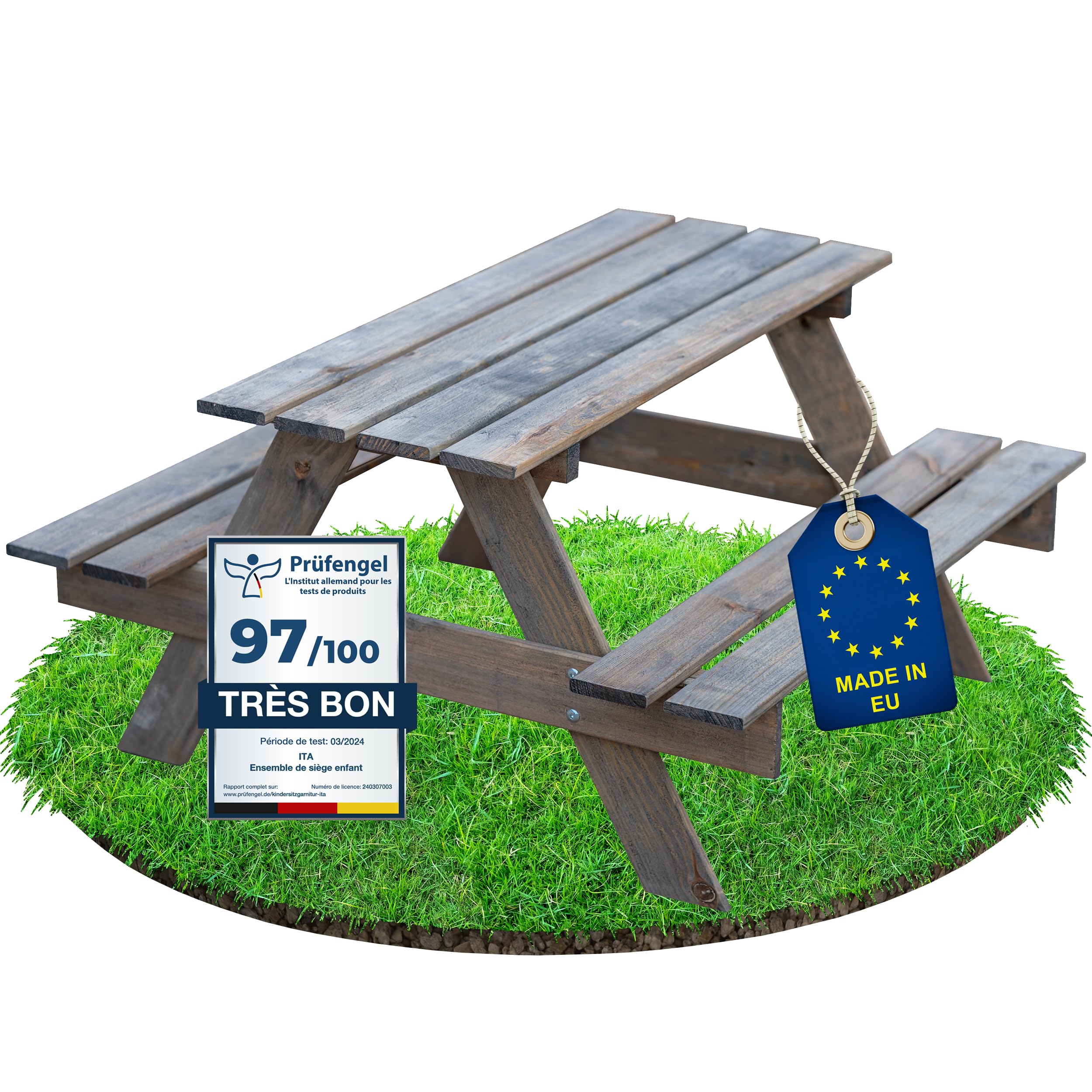 ITA Table de Pique-Nique pour Enfants en Bois - Ensemble Table avec 2 bancs - Table de Loisirs pour intérieur et extérieur - Qualité directe du Fabricant - Fabriqué dans l'UE, Couleur: Gris