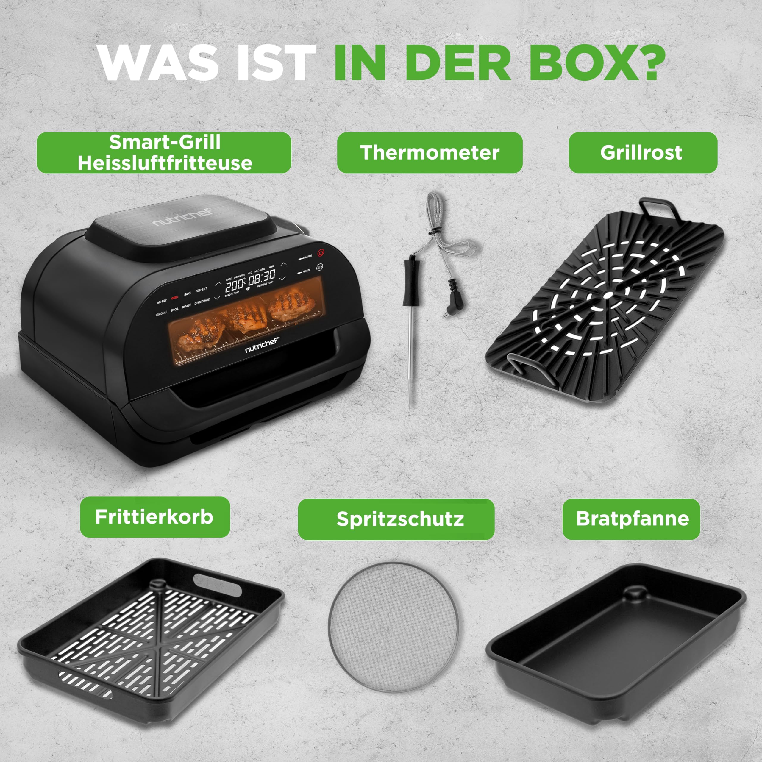NutriChef Elektrogrill mit Heißluftfritteuse – Rauchfreier Tischgrill mit Smart-Thermometer | 7 Kochfunktionen | 6L | Küchengrill Innen, Schwarz