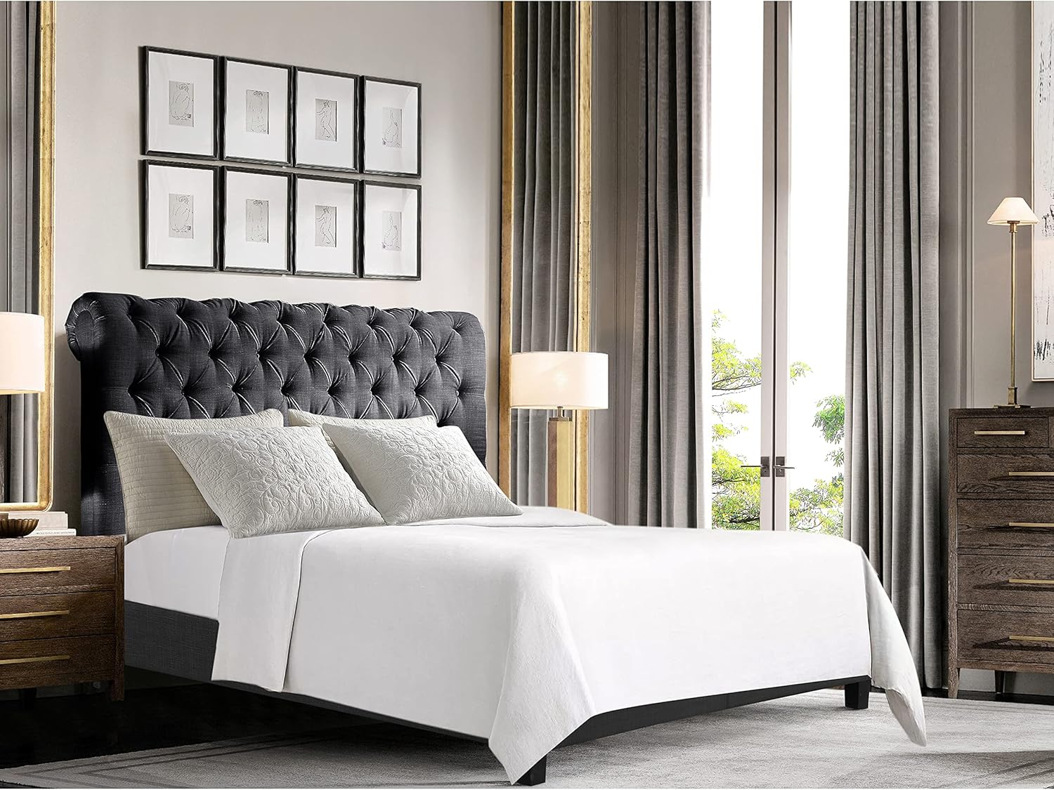 Rosevera Corrine Upholstered Bed Frame with Button Tufting Headboard/Adjustable Headboard/Rolled Head Headboard Bed Frame/Wood Slat Support/Easy Assembly,Queen,Beige
