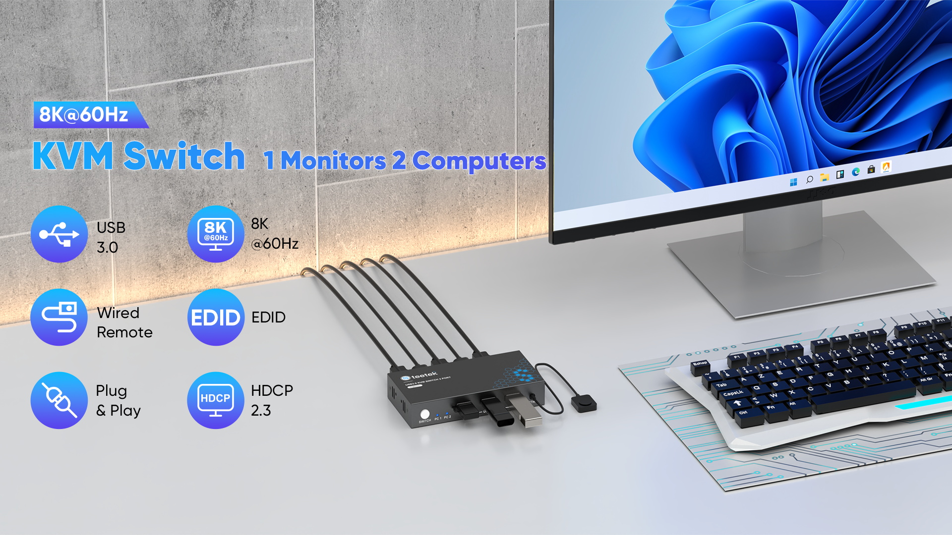 Switch KVM HDMI 2 Computer 2 Monitor - 4K@60Hz, USB 3.0, Per Doppio Setup PC E Laptop - Foto 3