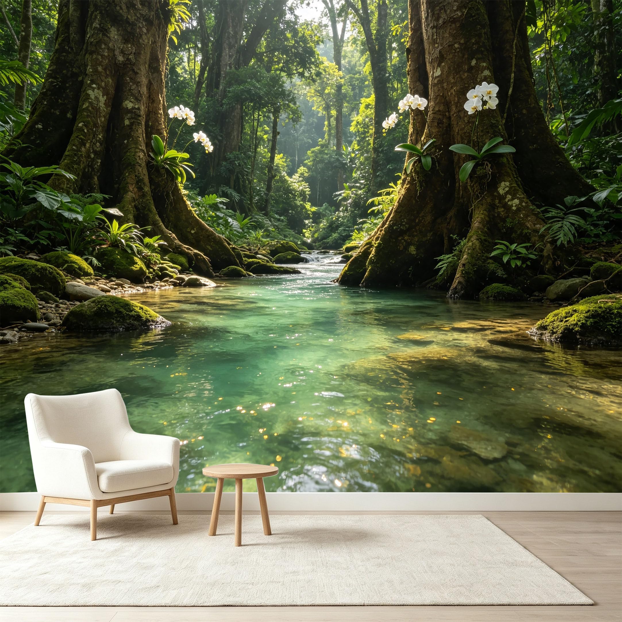 Custom Size Wall Murals Tropical Rainforest Landscape White Orchid Flowers Sunlight River Self-Adhesive Wall Fabric Removable Wallpaper Wall Decor for Living Room Bedroom Bathroom