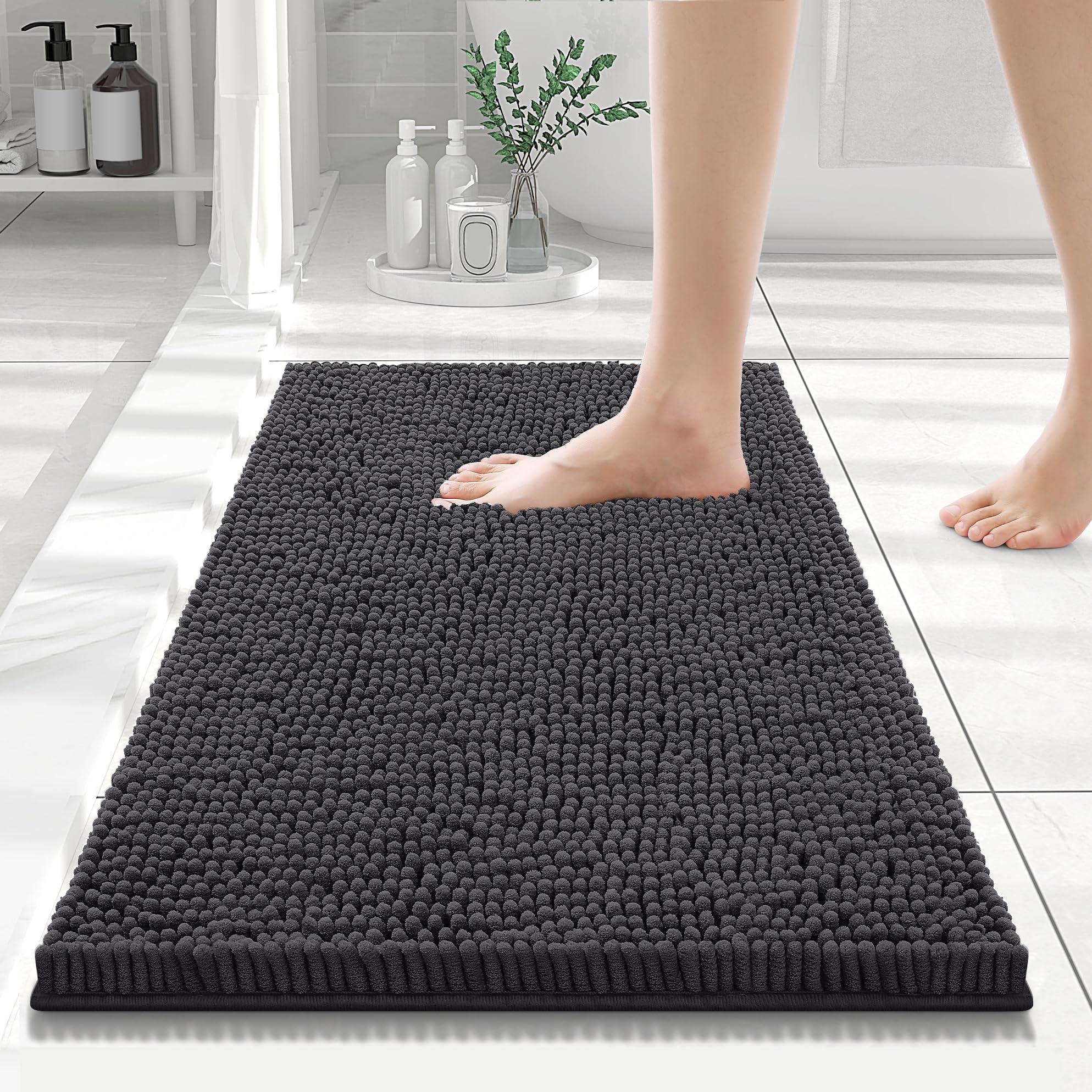 Smiry Luxury Chenille Bathroom Rugs 24x16, Extra Soft and Absorbent Shaggy Bath Mat, Machine Washable, Non-Slip Plush Carpet Runner for Tub, Shower,