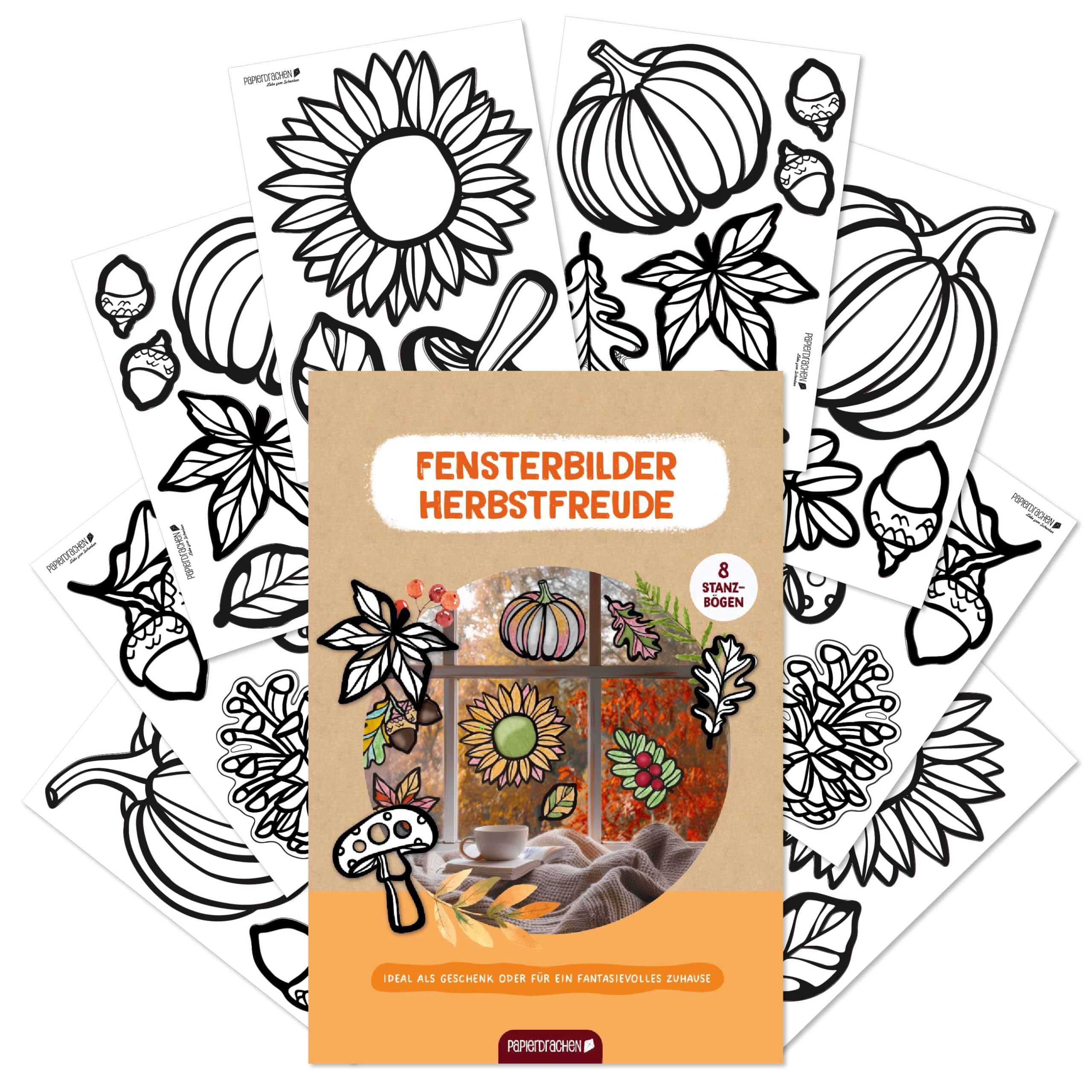 Papierdrachen Window Stickers for Colouring, Pumpkin, Leaves, Mushrooms, 8 Designs, Autumn Craft Set