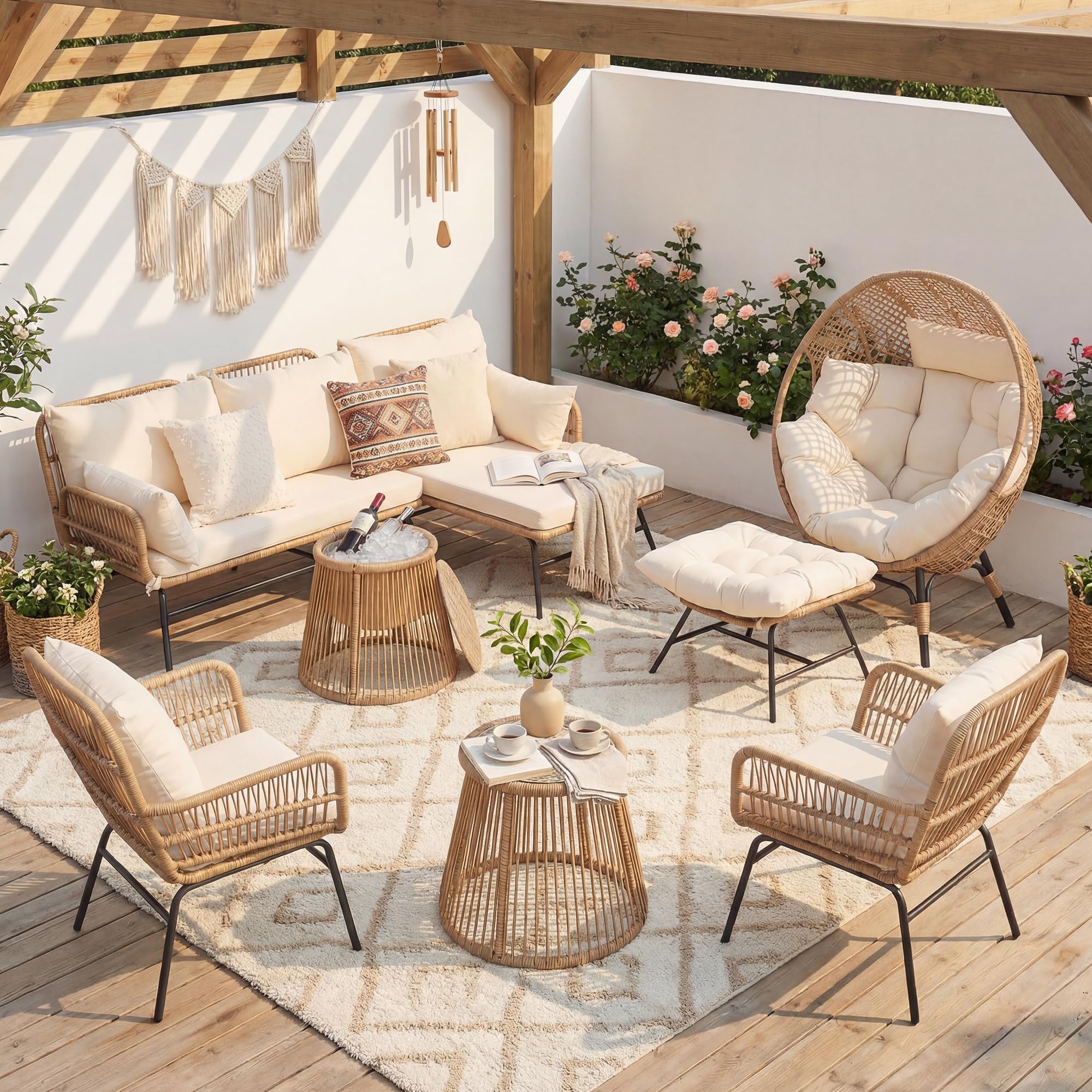 BULEXYARD 7 Pcs Boho Outdoor Patio Furniture Set with Egg Chair, L Shaped Natural Color Wicker Conversation Sectional Sofa w/Cozy Beige Cushion & Ice Bucket, Outdoor Bistro Chairs w/Coffee Table