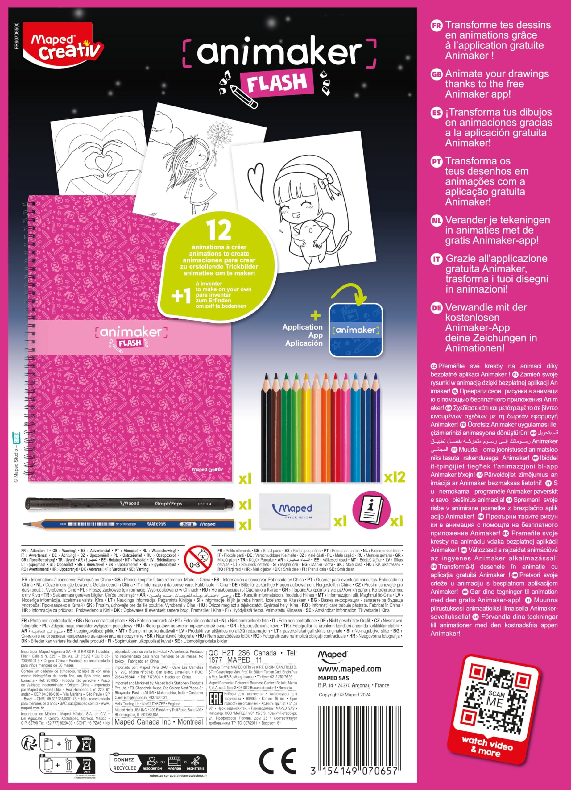Maped Creativ - Animaker Flash Poetic - Tworzenie animacji - Kompletny zestaw z notatnikiem do kolorowania + ołówkami i materiałami Instrukcje i Dostęp do Aplikacji Animaker - Od 6 lat