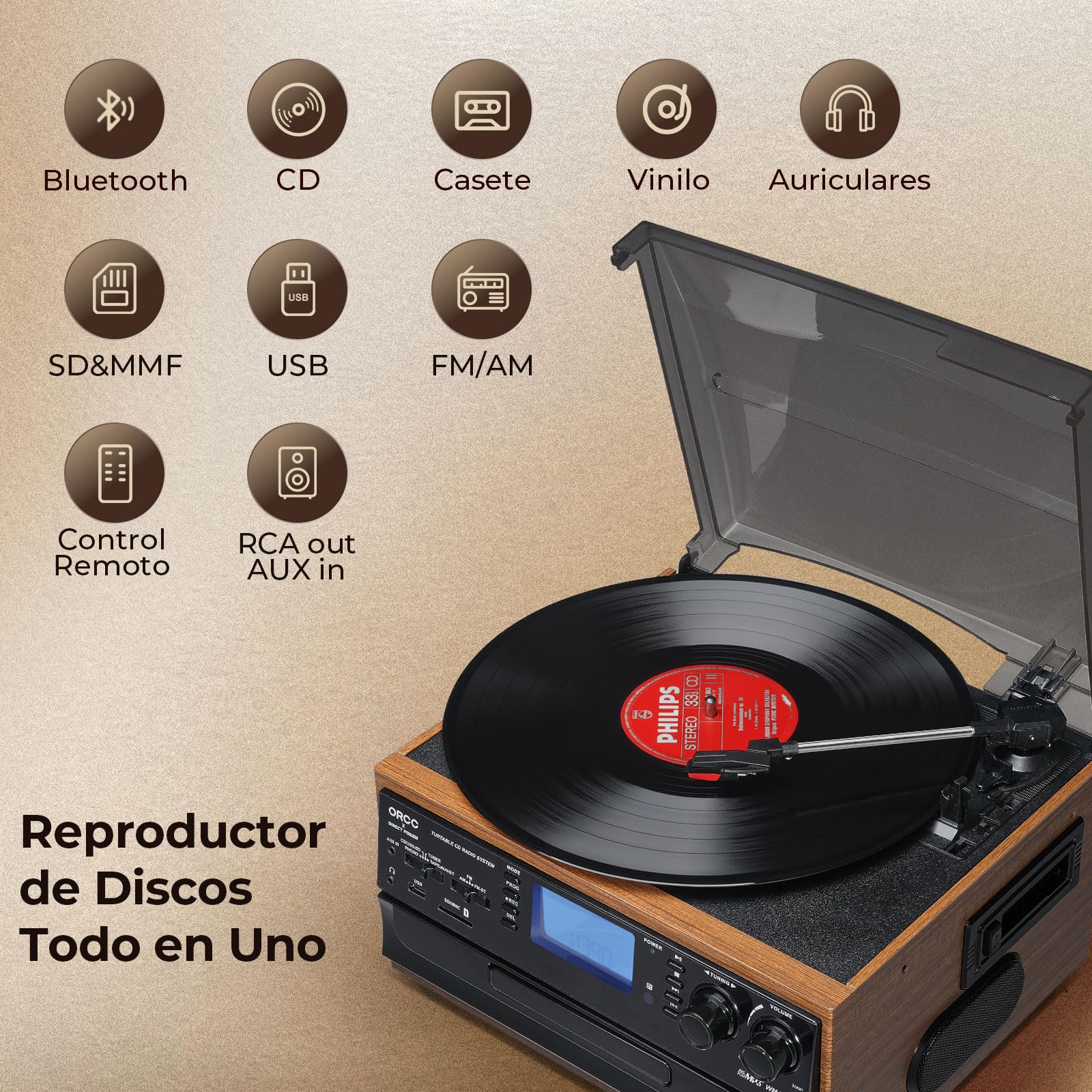 ORCC Tocadiscos Bluetooth 10 en 1 para discos de vinilo con altavoz, casete de CD de vinilo AUX a MP3 USB/SD codificación convertido, radio, conector de auriculares, RCA, control remoto