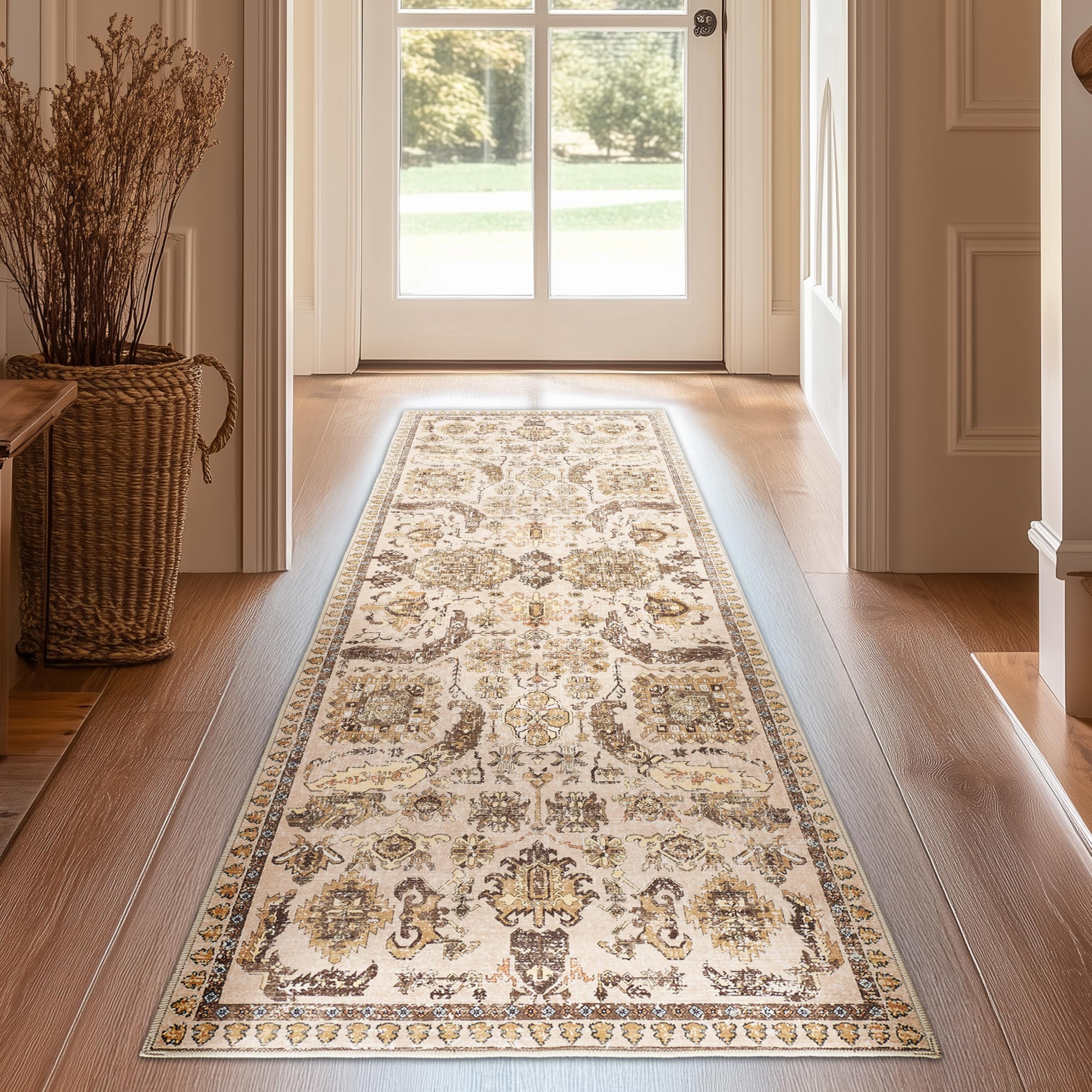 2x6 ft Boho Runner Rug - Washable, Non-Slip Area Rug for Kitchen, Outdoor & Indoor Use - Beige & Yellow Carpet Runner