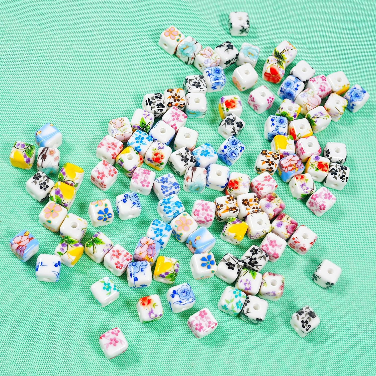 100Pcs Ceramic Beads Assortments Kit, Heart Shaped Porcelain Bead Multicolor Flower Printed Spacer Beads for Jewelry Making DIY Craft Necklace Bracelet (Cube)
