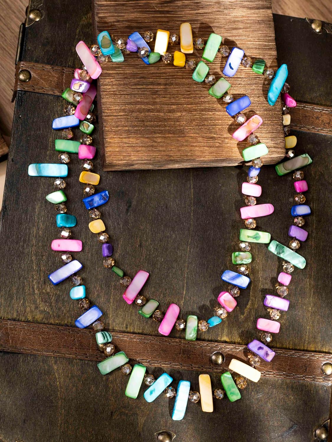 MINACHI Colorful Irregular Beaded Long Necklace, Coated Reflective Glass Beads, Bohemian Vintage Chunky Costume Jewelry for Women - Image 5