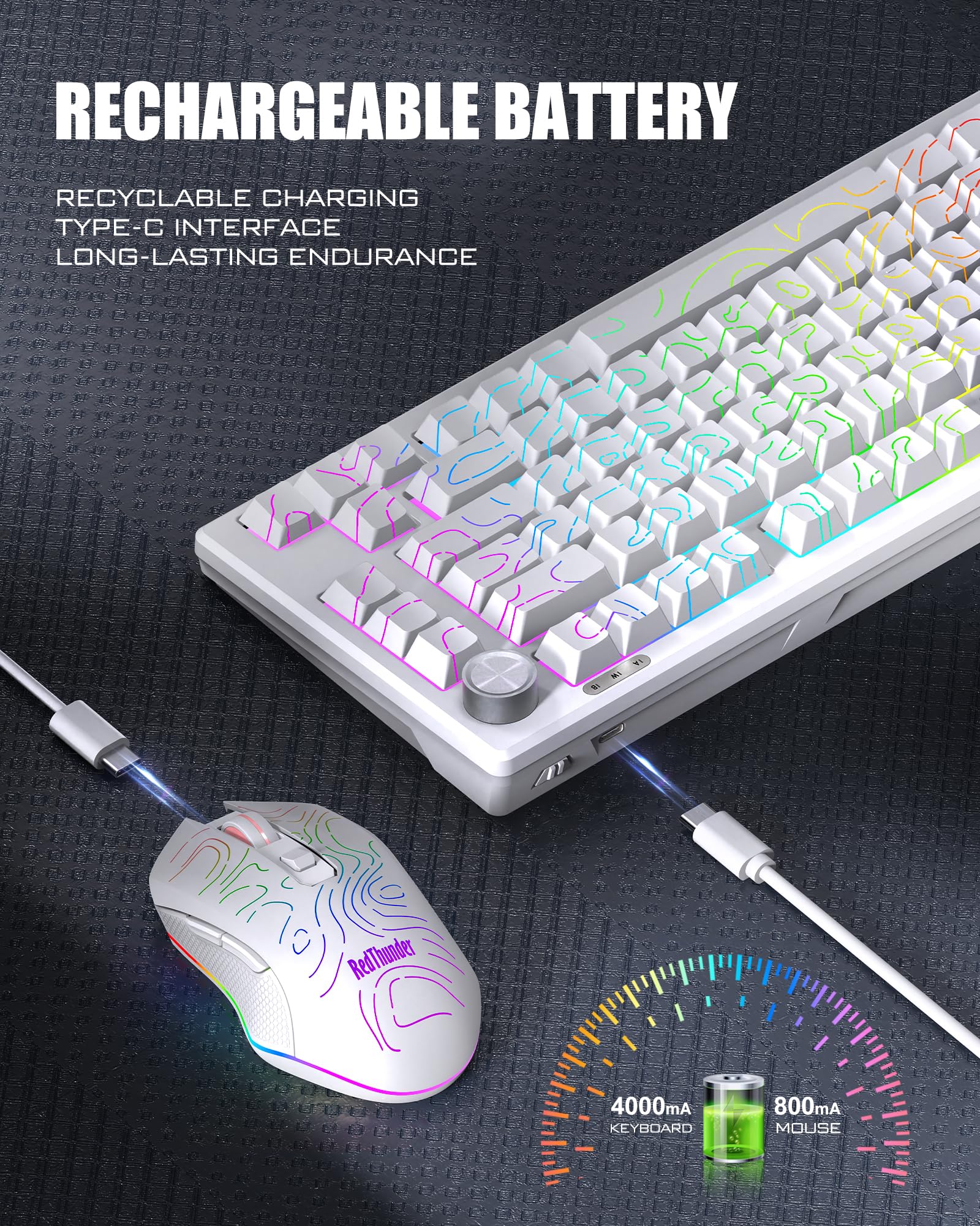 RedThunder K75 75% Wireless Membrane Keyboard and Mouse,3-Mode 2.4G/BT/USB-C,US Layout Side-Engraved,Volume Knob,TKL Ultra Compact Design,Optical Gaming Mouse with 4800DPI for PC Mac (Contour White) — view 8