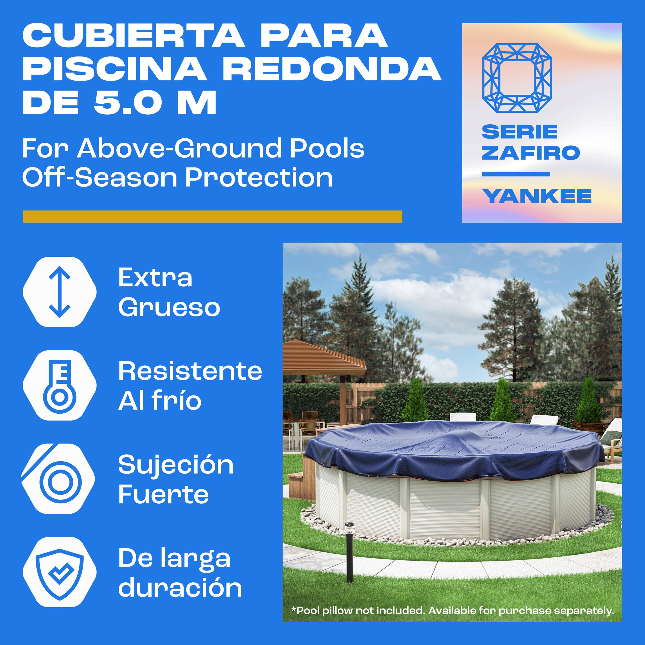 Yankee Cubierta Piscina Redonda para 460–500 cm | Diámetro Lona Ø 560 cm | Azul | Lona Protectora Invierno y Verano | Cubierta PE 200 g/m² Reforzada | Resistente a UV y Roturas