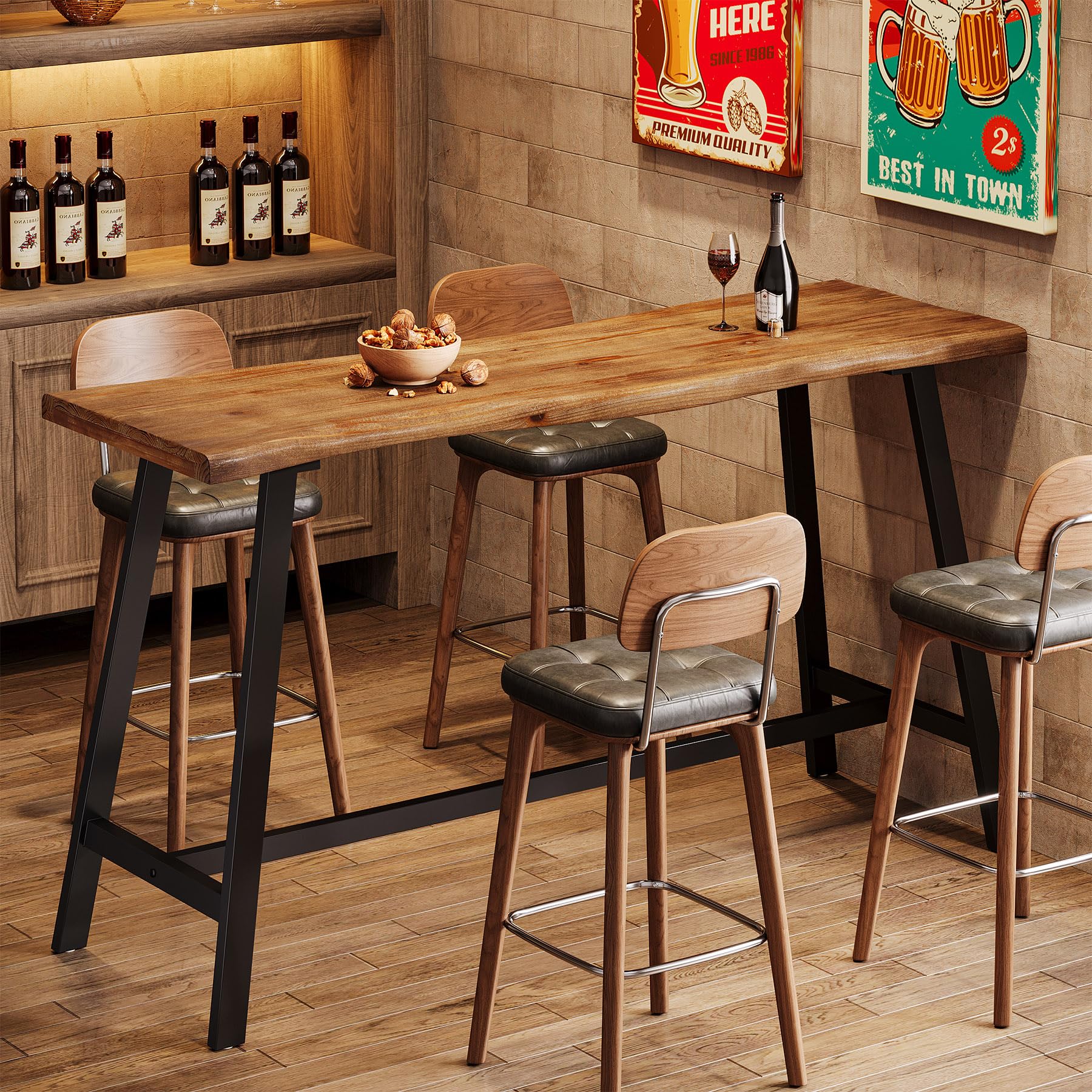 TRIBEWOOD Solid Wood Bar Table, 55-Inch Counter Height Pub Table with Sturdy Metal Frame, Industrial Narrow Bar Table for Pub Kitchen Living Room, Rustic Brown