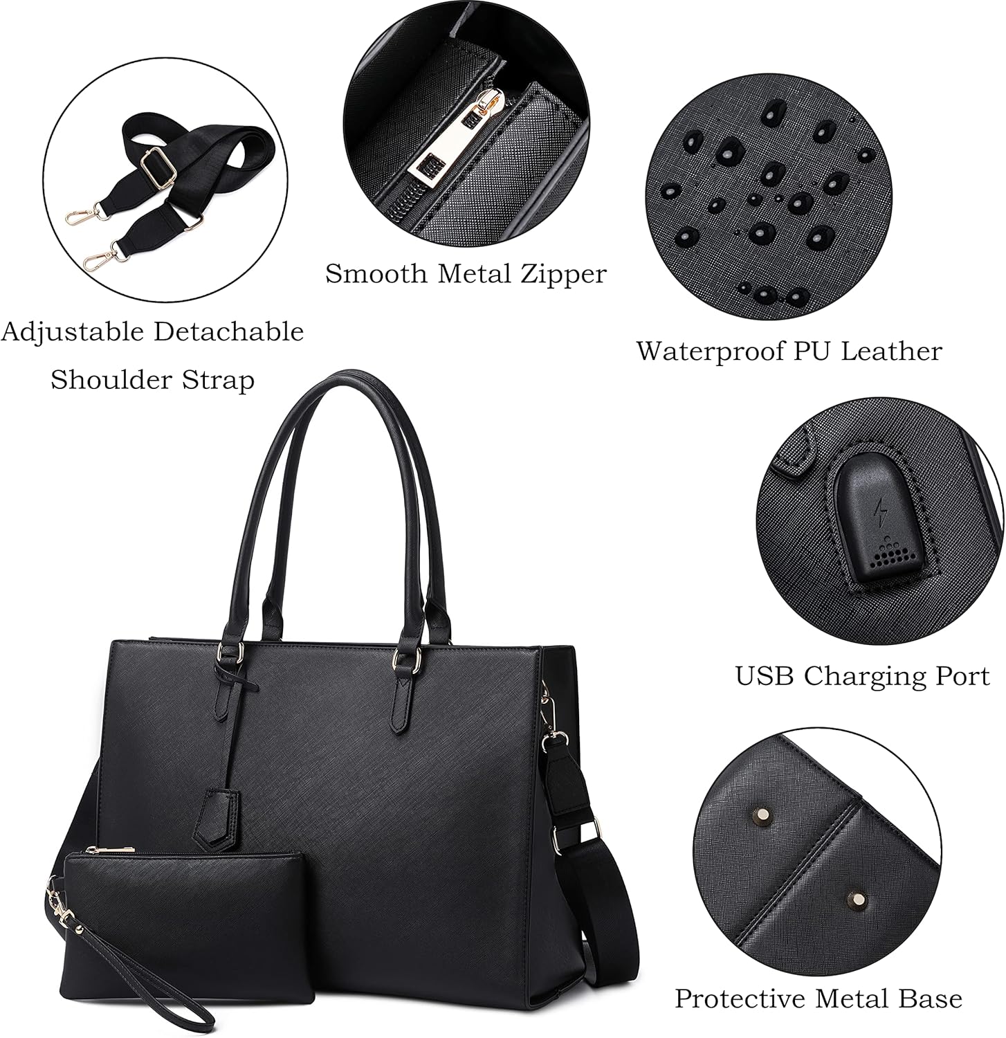 Laptop Bag for Women 17 inch Casual Work Bags with USB Charging Port Laptop Tote Bag with Clutch Purse (Black) - Image 6