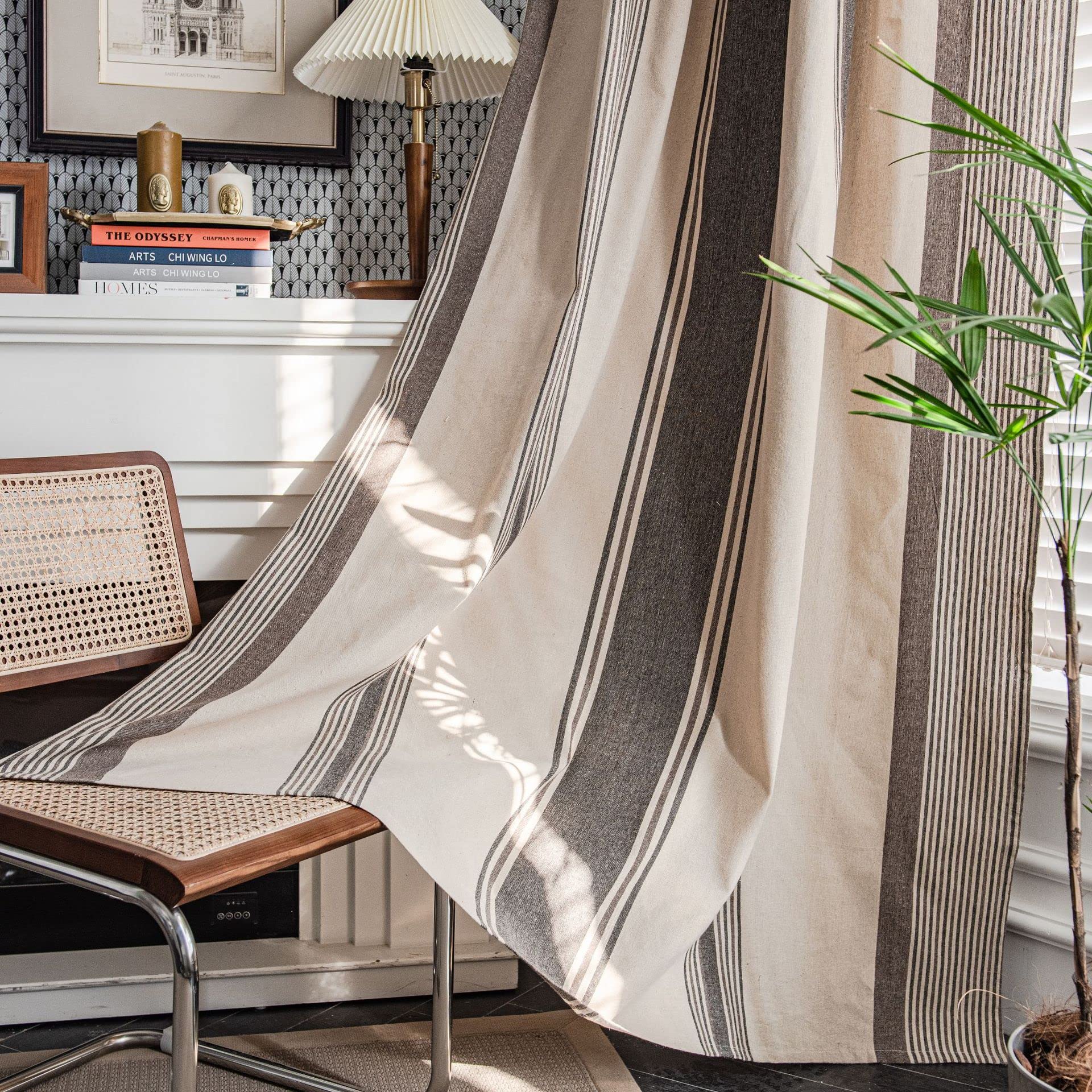 Plancholo Boho Curtain 63 Inch Length 1 Panel Stripe Cotton Linen Farmhouse Semi Blackout Drape Rod Pocket Window Curtain Panel for Bedroom Living Room (59" W x 63" L, Coffee)