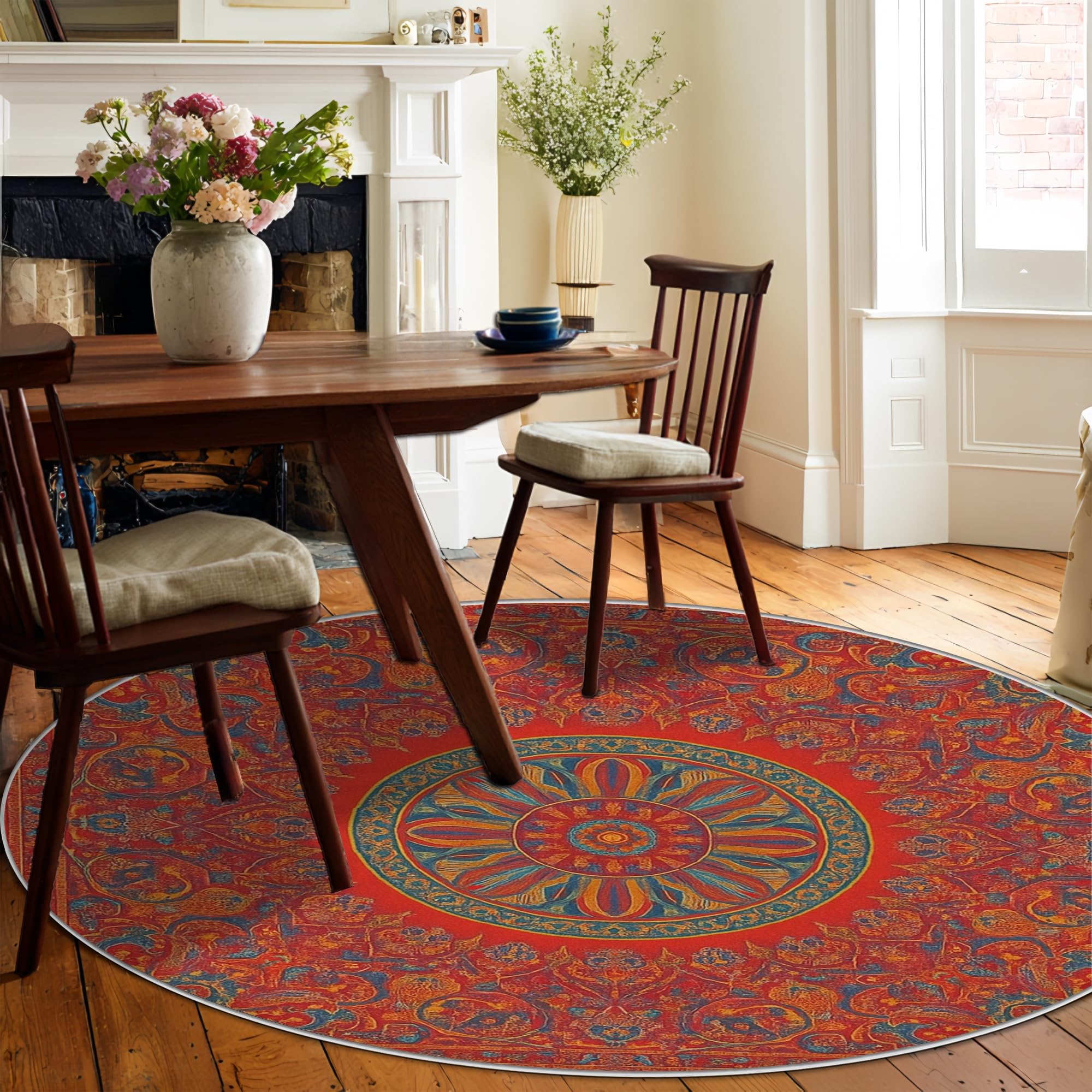 Tapis floral bohème artistique mandala géométrique sans rouge à poils courts pour salon, chambre à coucher, décoration de salle à manger, 1,8 x 1,8 m
