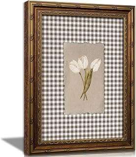 RLZIEWPT Vintage Gold Framed Wall Art, Cottagecore White Tulip Flowers Picture Wall Decor, Brown Gingham Botanical Print Artwork, for Living Room Bedroom 9x11 in