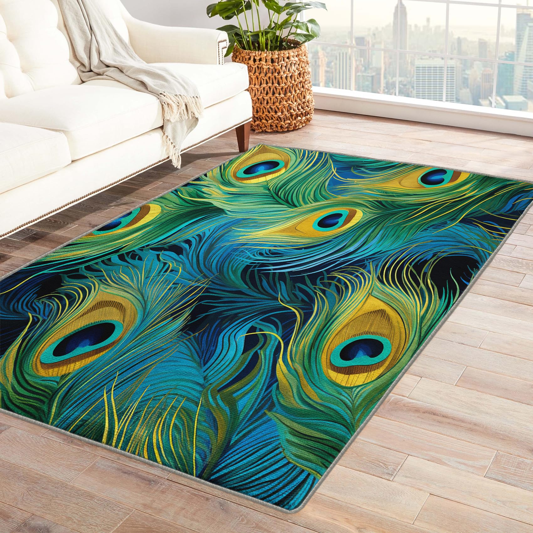 Peacock Feather Rug & Home Decor - 2x3 Rug, Peacock Rugs for Entryway Living Room Bedroom, Peacock Feathers Carpet, Washable Non Slip Soft Low Pile