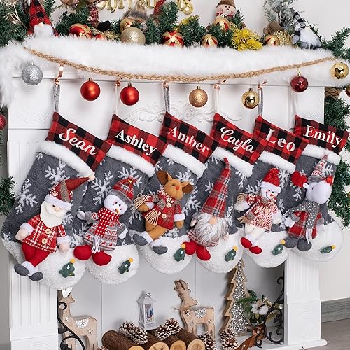 LUBOT Medias de Navidad personalizadas, muñecos de gnomos 3D grises de 20 pulgadas, diseño bordado para familia, diseño de búfalo para niños,