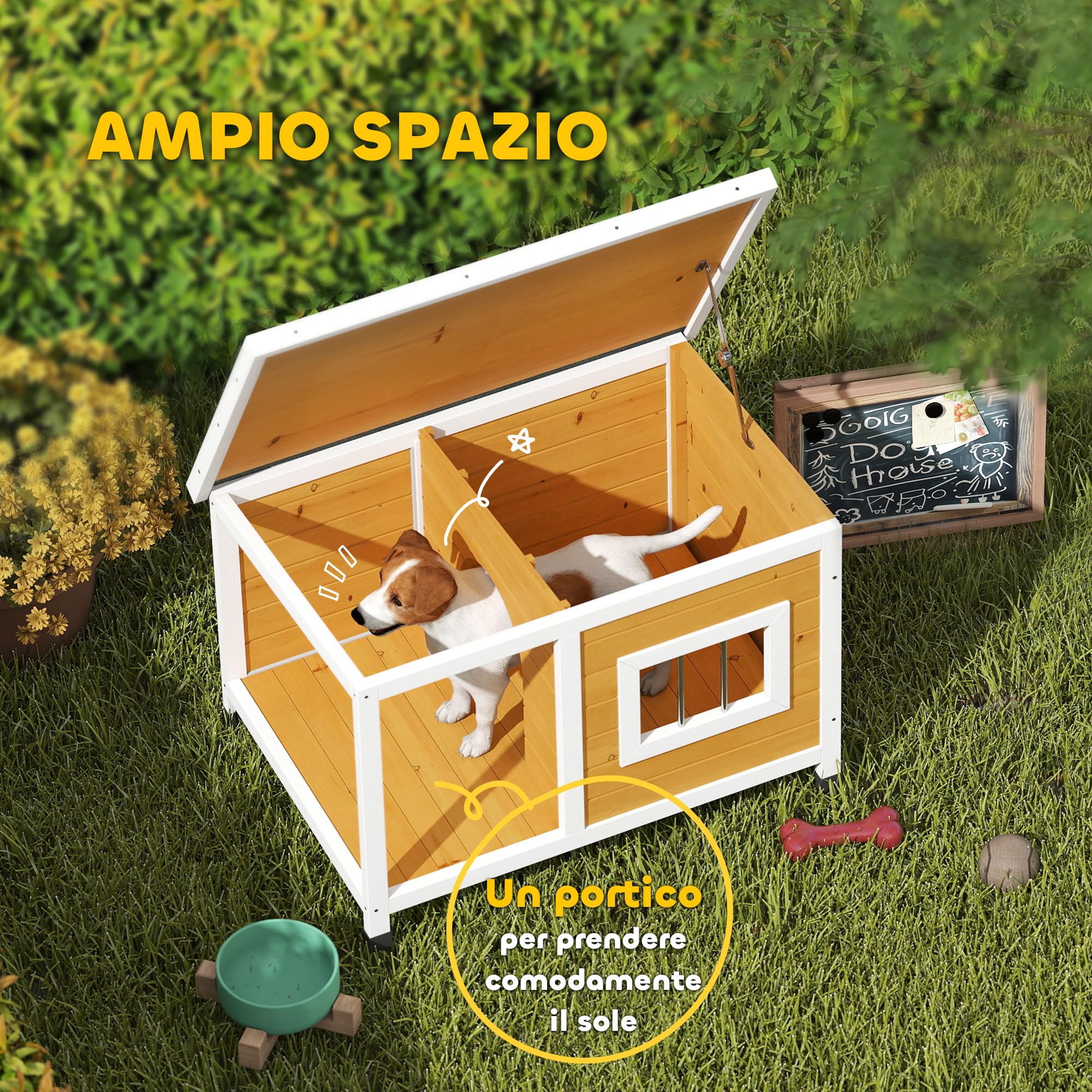 PawHut Cuccia per Cani da Esterno Rialzata con Veranda Coperta e Tetto Inclinabile, Cuccia da Esterno per Cane in Legno di Abete, 85.5x62x60 cm, Multicolore