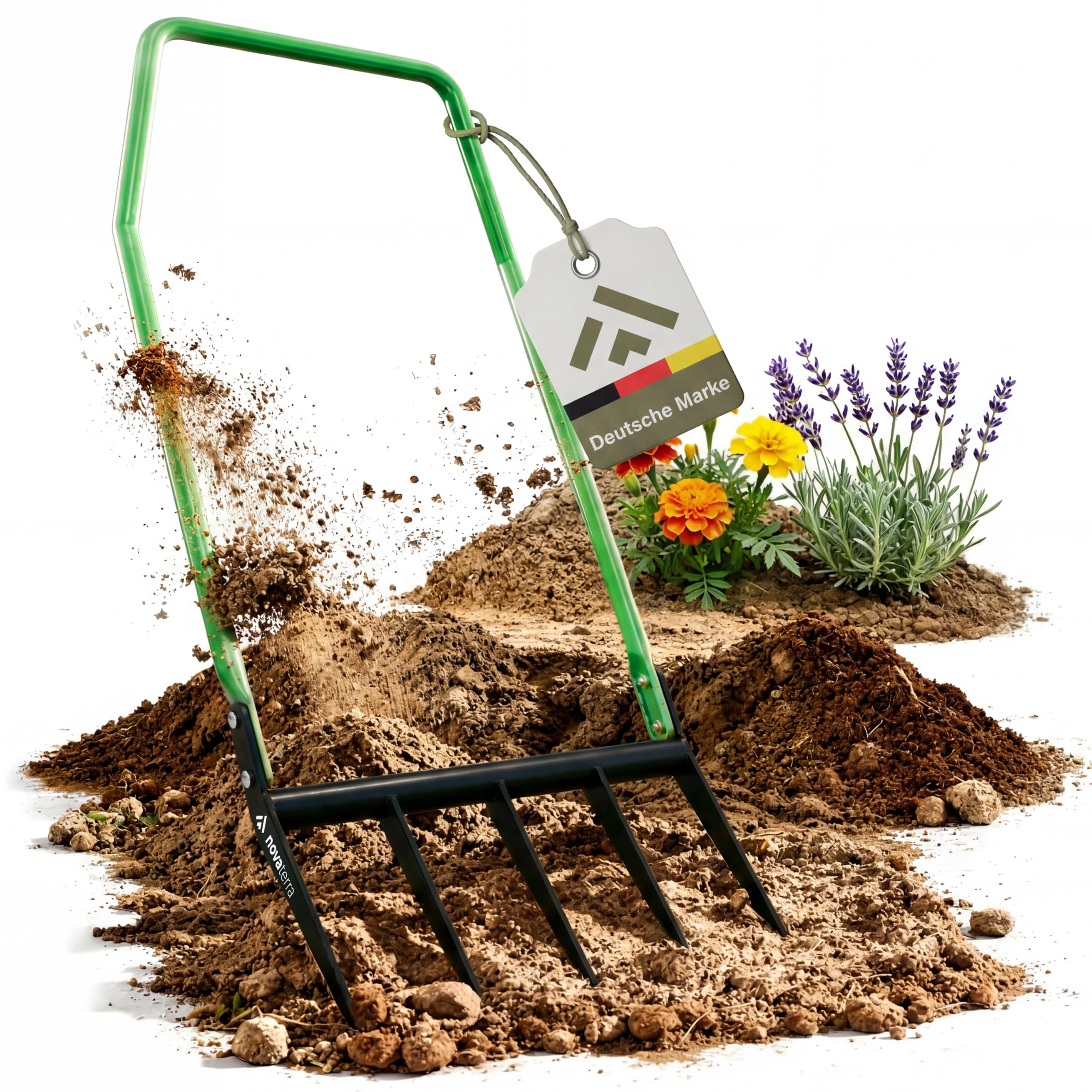 novaterra Horquilla premium con 5 púas – Horquilla ergonómica Broadfork – aflojamiento del suelo que protege la espalda y cavar eficientemente – Tenedor de jardín robusto para macizos de flores