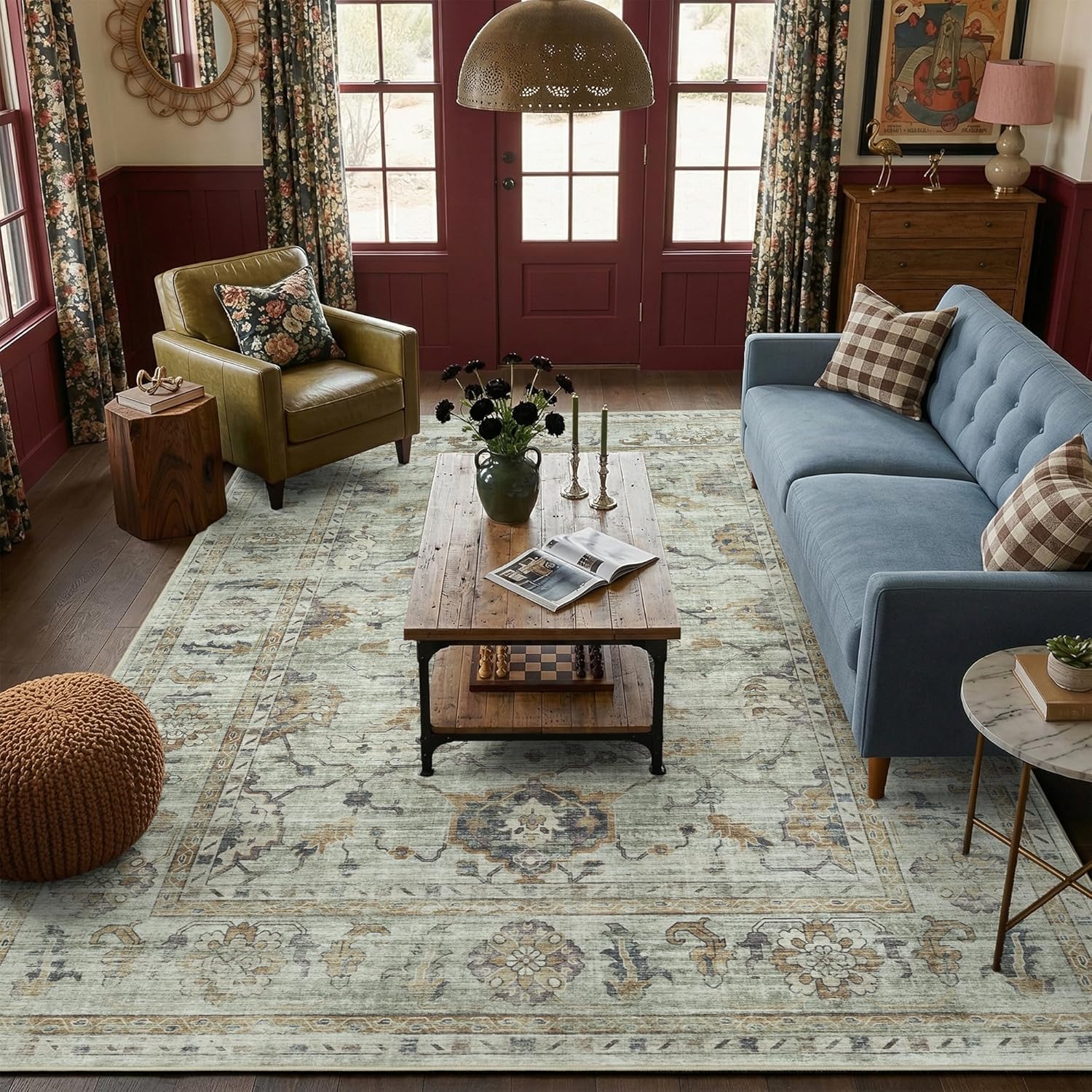 Washable Rugs 6x9 Area Rugs for Living Room,Rug for Bedroom, Vintage Distressed Non-Slip, Ultra Soft Faux Wool Carpet for Dining Room, Sage Green Gray Soft Gold Neutral for Home Office Décor