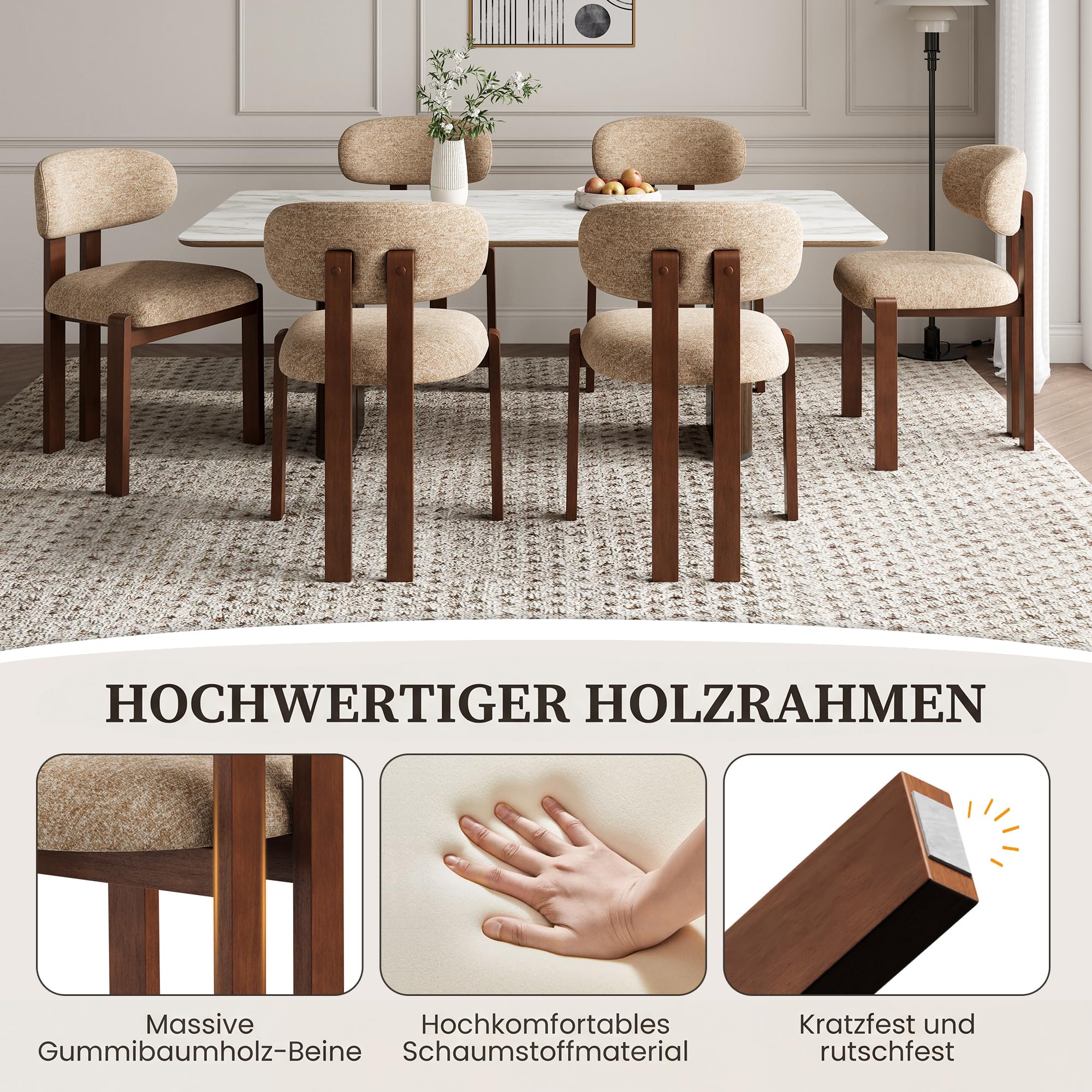 MALOL Esszimmerstühle 6er Set, Moderne Polsterstühle mit Holzbeinen in Dunkelbraun, Stoff-Essstühle mit Stabiler Rückenlehne, Kamel Geeignet für Esszimmer, Küche und Gastronomie