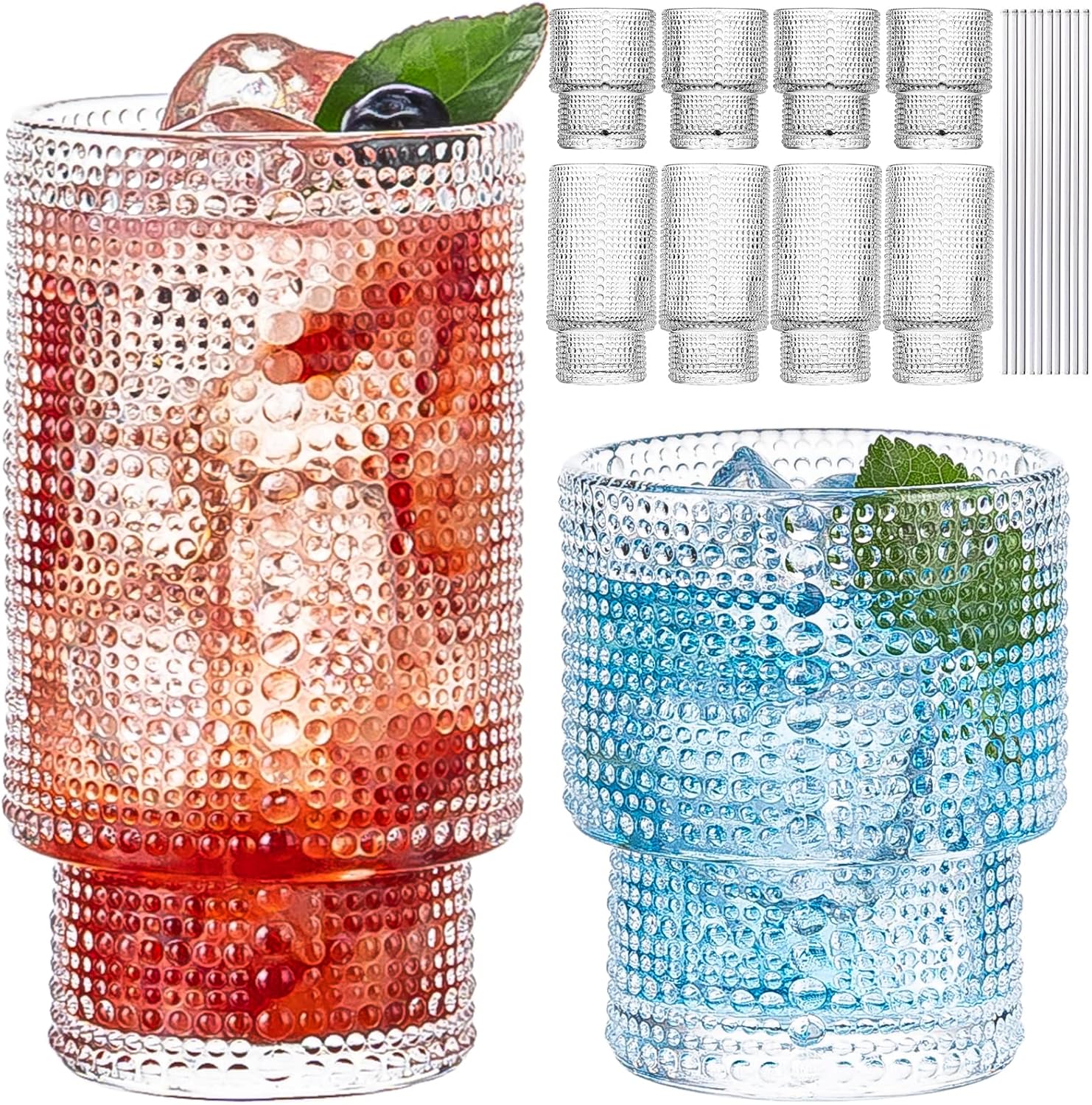 Vintage Drinking Glasses, 8 pcs Glass Cups with straws, 4 Highball Glasses & 4 Rocks Glasses, Stackable Vintage Glassware, Iced Coffee Glasses, Ideal for Cocktail, Whiskey, Juice Raindrop Pattern