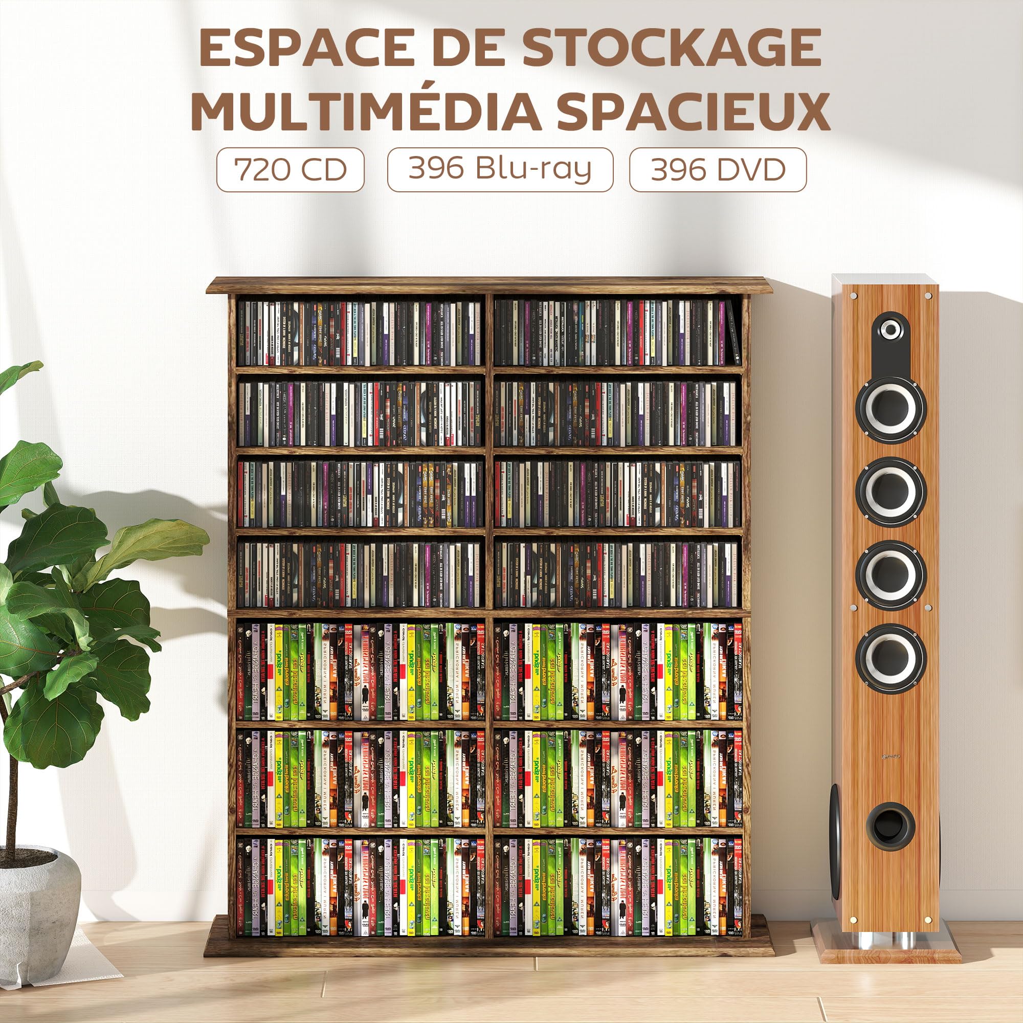HOMCOM CD- und DVD-Aufbewahrung, Multimedia-Aufbewahrung, max. 720 CD/396 DVDs und Blu-Rays, 16 Fächer und 12 verstellbare Einlegeböden, für Wohnzimmer, Schlafzimmer, 106,5 x 24 x 126,3 cm, Braun