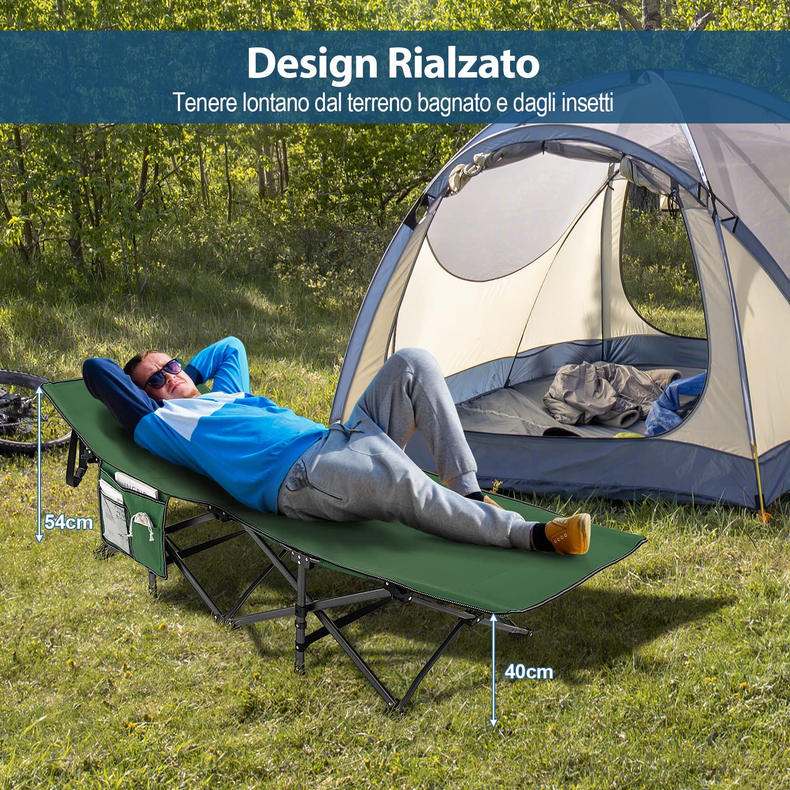 COSTWAY Brandina da Campeggio Pieghevole, Letto Portatile con Poggiatesta Inclinato, Tasca Laterale e Borsa di Trasporto, Branda Campeggio per Backpacking, Ospiti e Pesca, Portata 272 kg
