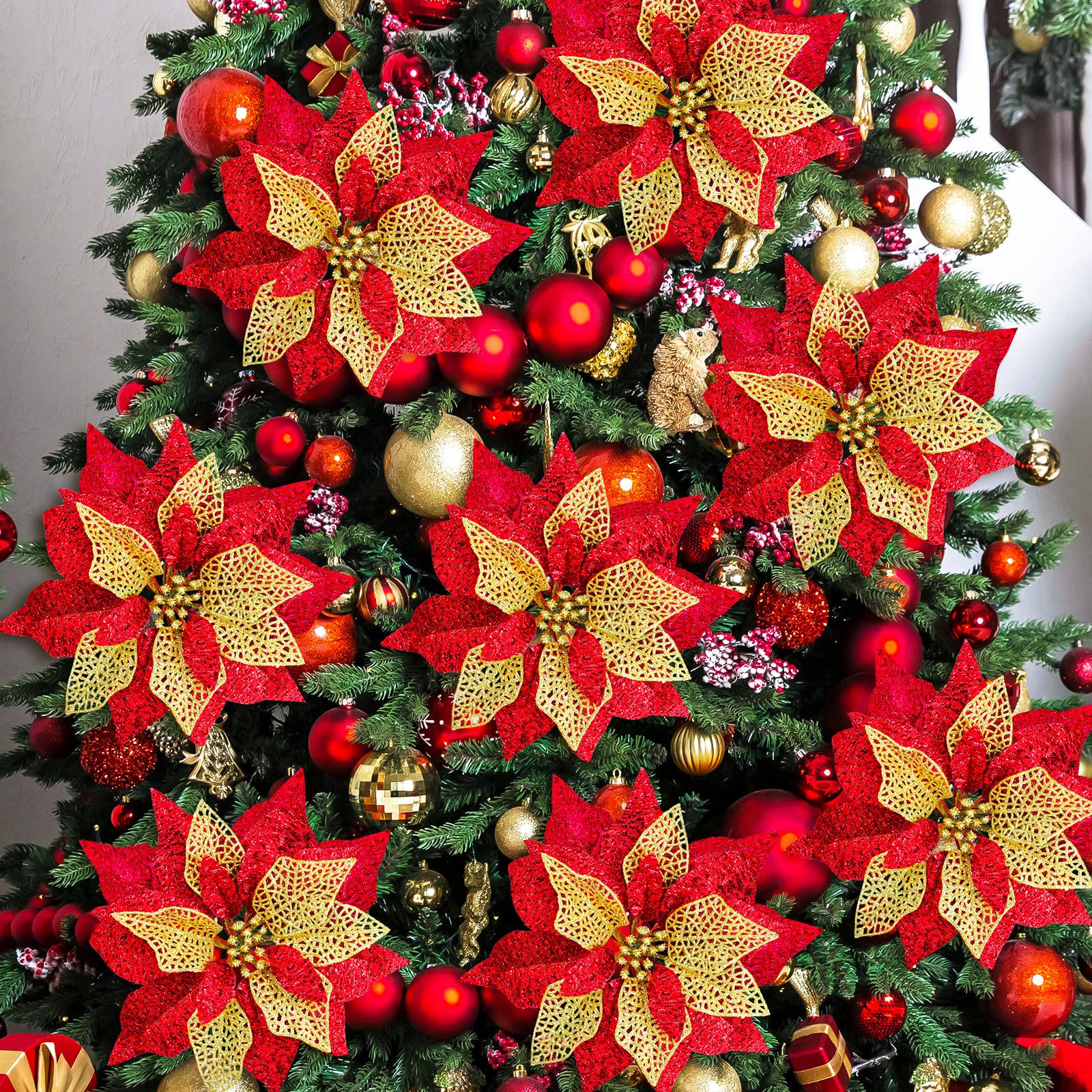 Winlyn 14 Set Weihnachten Rot Metallic Glitzer Künstliche Weihnachtsstern Blumen Picks Weihnachtsbaum Ornamente für rote Weihnachtsbaumkränze Girlande Winter Hochzeit Urlaub Dekoration mit weißer