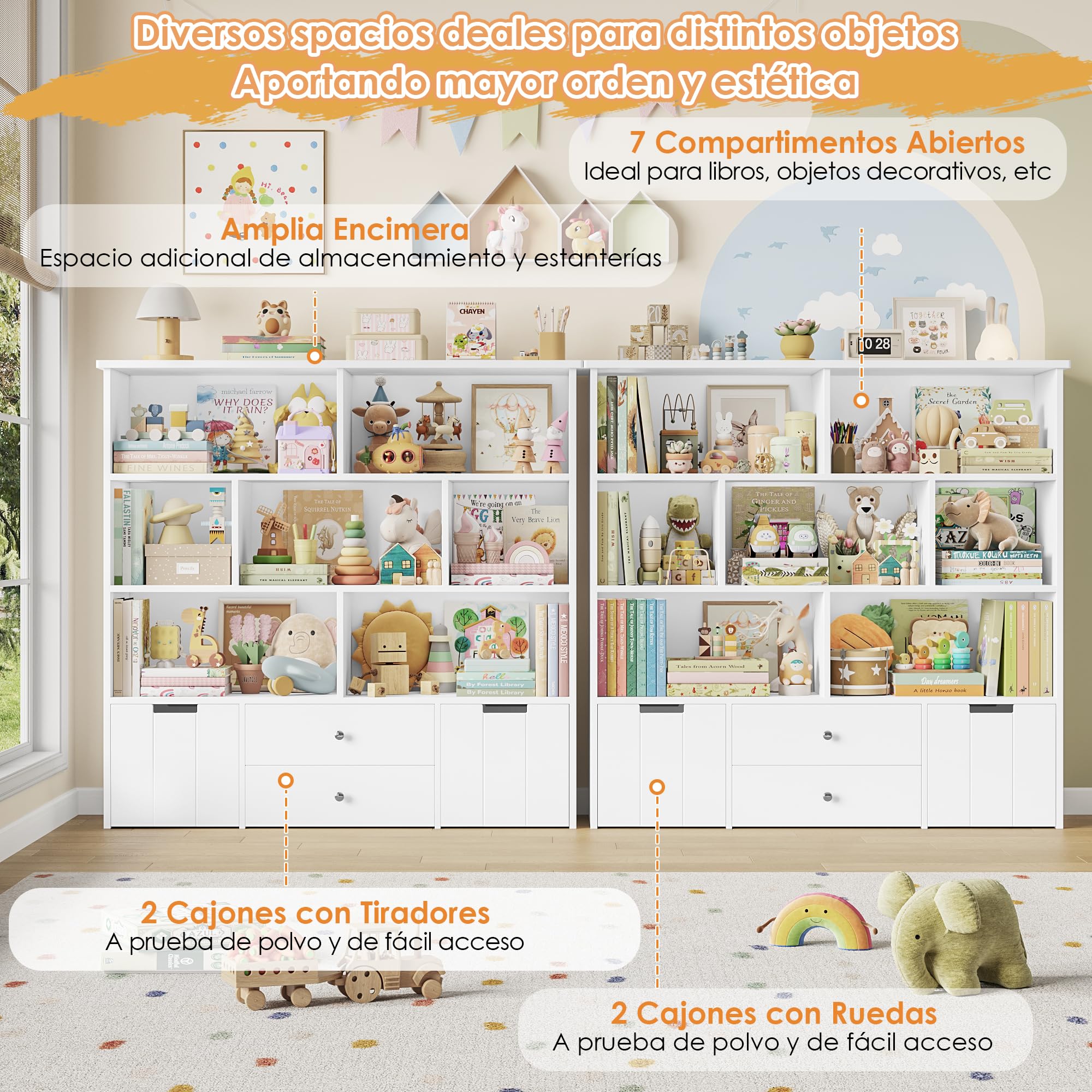 FOREHILL Estanteria Montessori Infantil Mueble Almacenaje Juguetes, Mueble Organizador Juguetes, con 4 Cajones, 7 Compartimentos Abiertos, para Habitación Infantil, Salón, Blanco 125x33x120 cm