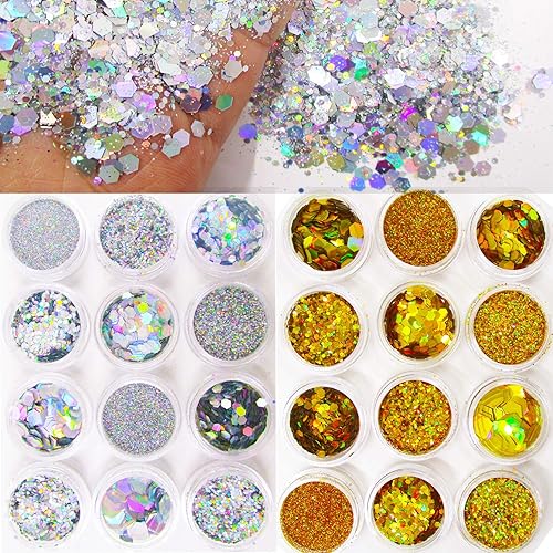 24 frasco holográfico oro plata brillo lentejuelas hexágono escamas ultra fino brillo polvo Festival maquillaje cuerpo resina epoxi suministros