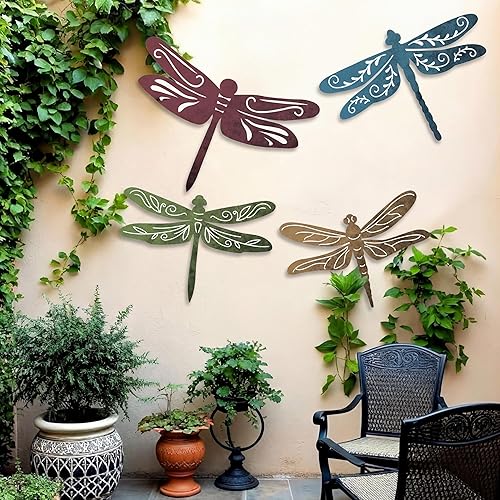 Teling 4 piezas de arte de pared de colibrí de metal, libélula de metal, decoración de pared para casa de campo moderna, rústica, sala de estar