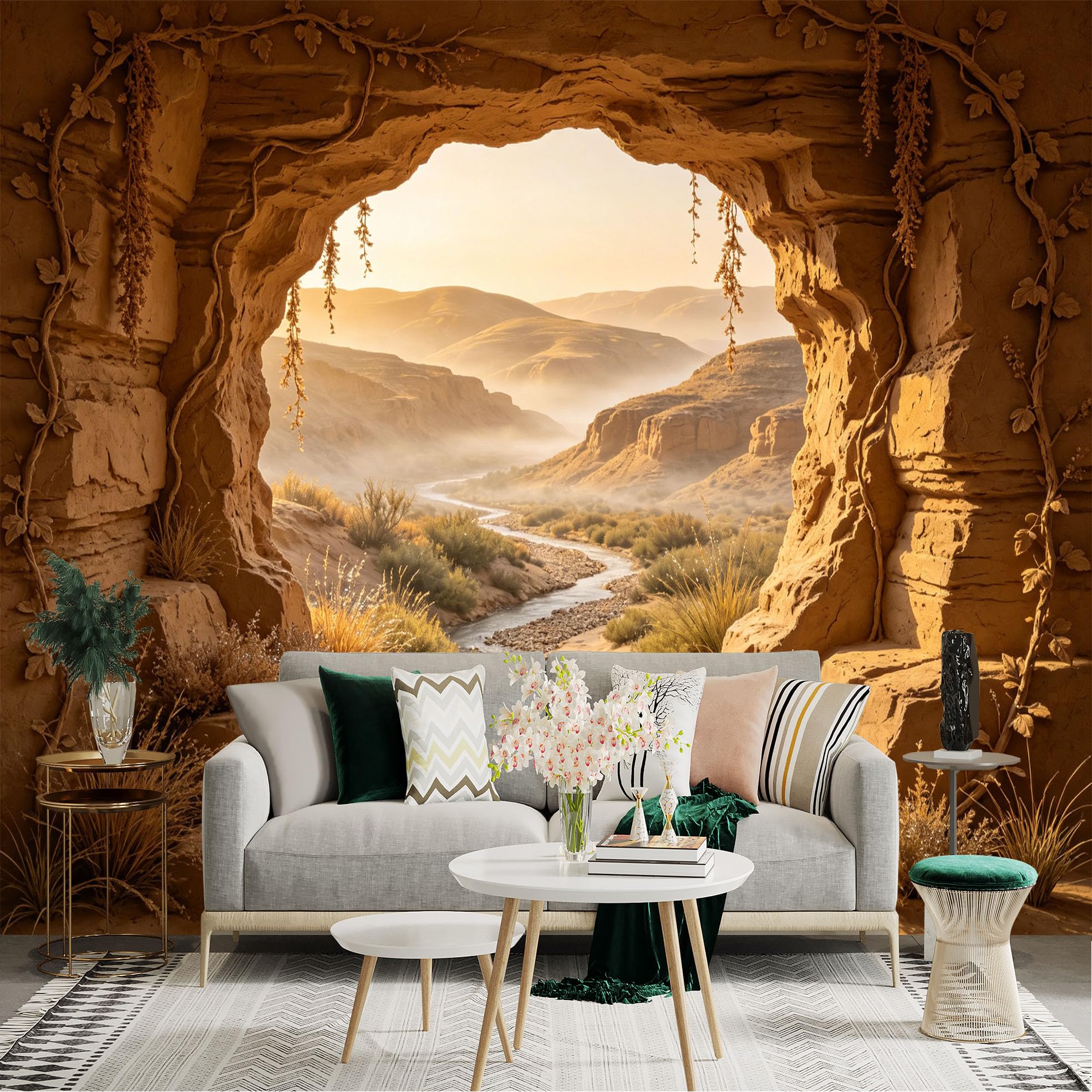 Custom Size Wall Sticker Mural， Desert Canyon with River Stream and Golden Sunset Landscape， for wall Decoration， peelandstick wall Decals.