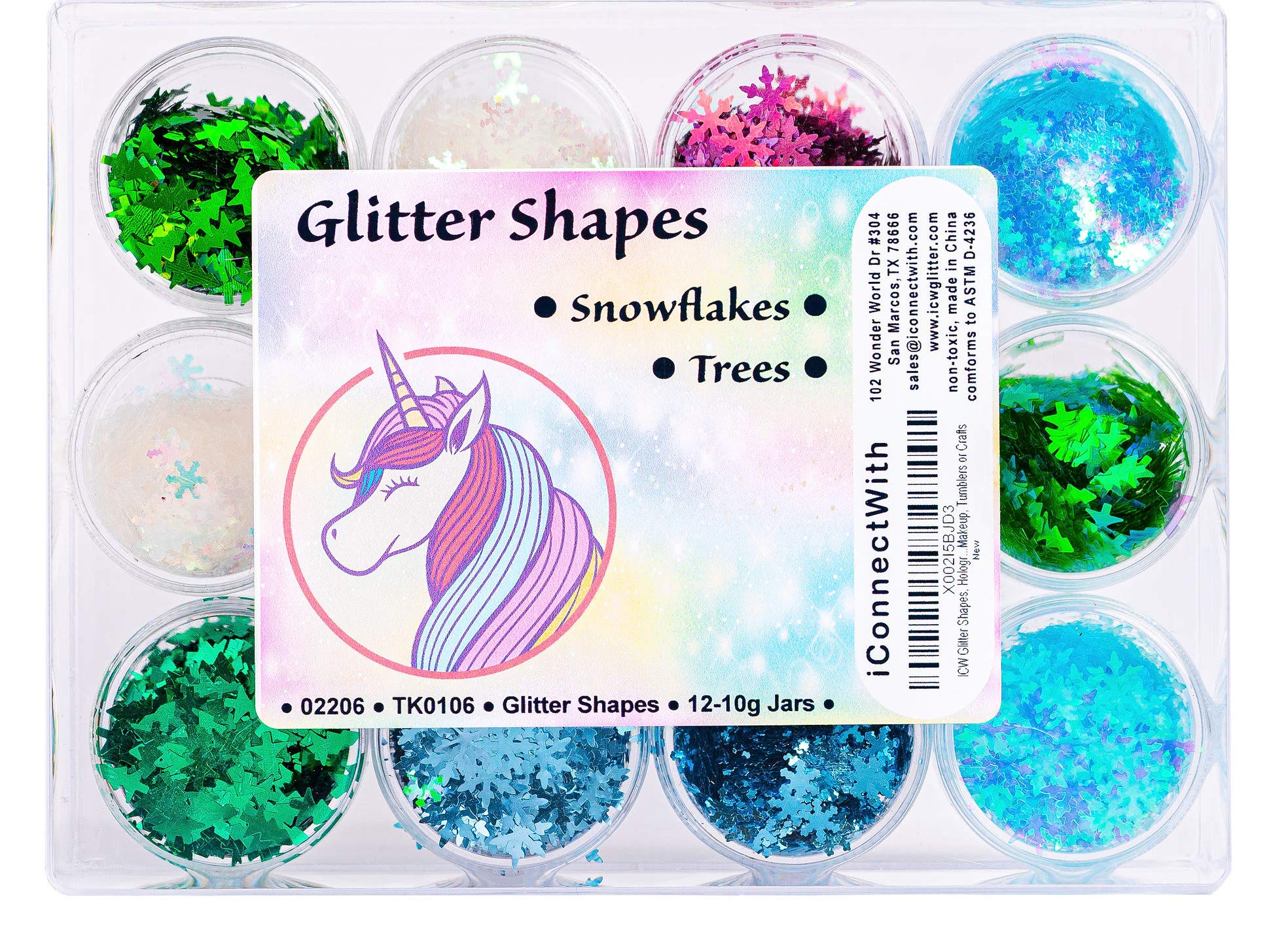 iConnectWith Glitter – Winter Shapes - Snowflakes and Pine Trees Glitter; Multi-use for Crafts, Decorations, Nail Art, Makeup, Tumblers, Resin Art, and DIY Projects
