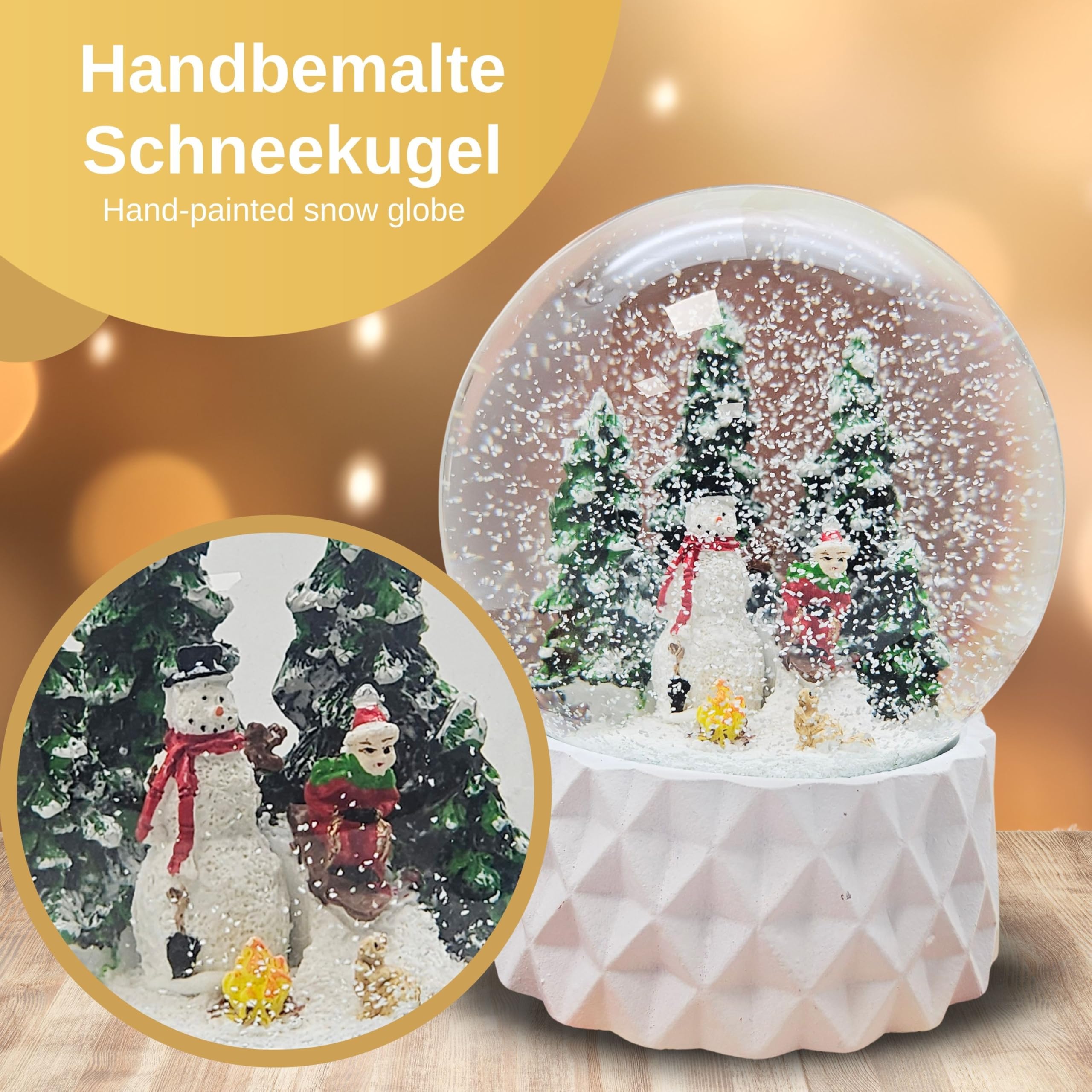 Schneekugel Winter Schneemann mit Kind auf Schlitten, Sockel weiß Kubisch, Pure-Line, Durchmesser 100mm Schüttelkugel, 20169