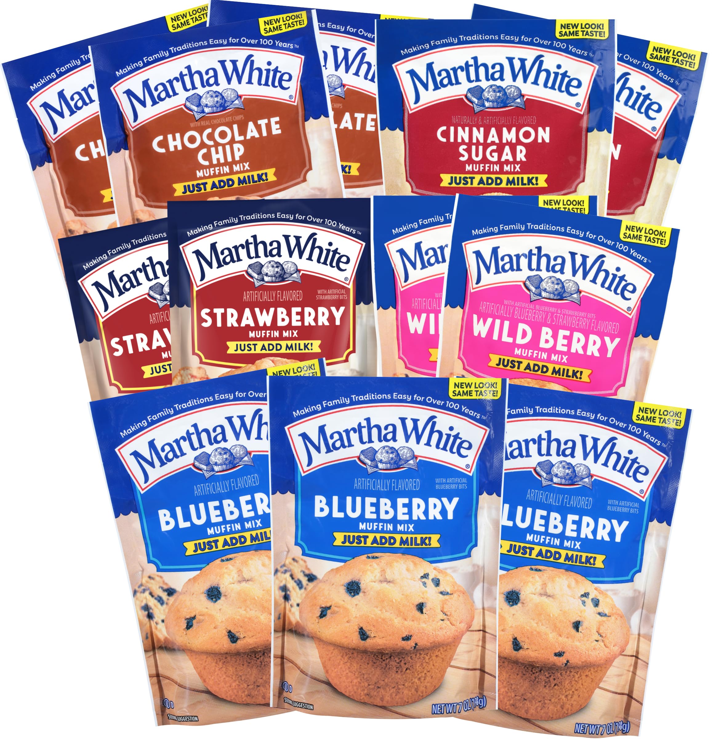 Martha White Muffin Mix Sampler Variety Pack, Pack of 12, Chocolate Chip, Blueberry, Strawberry, Cinnamon Sugar, Wildberry, Just Add Milk