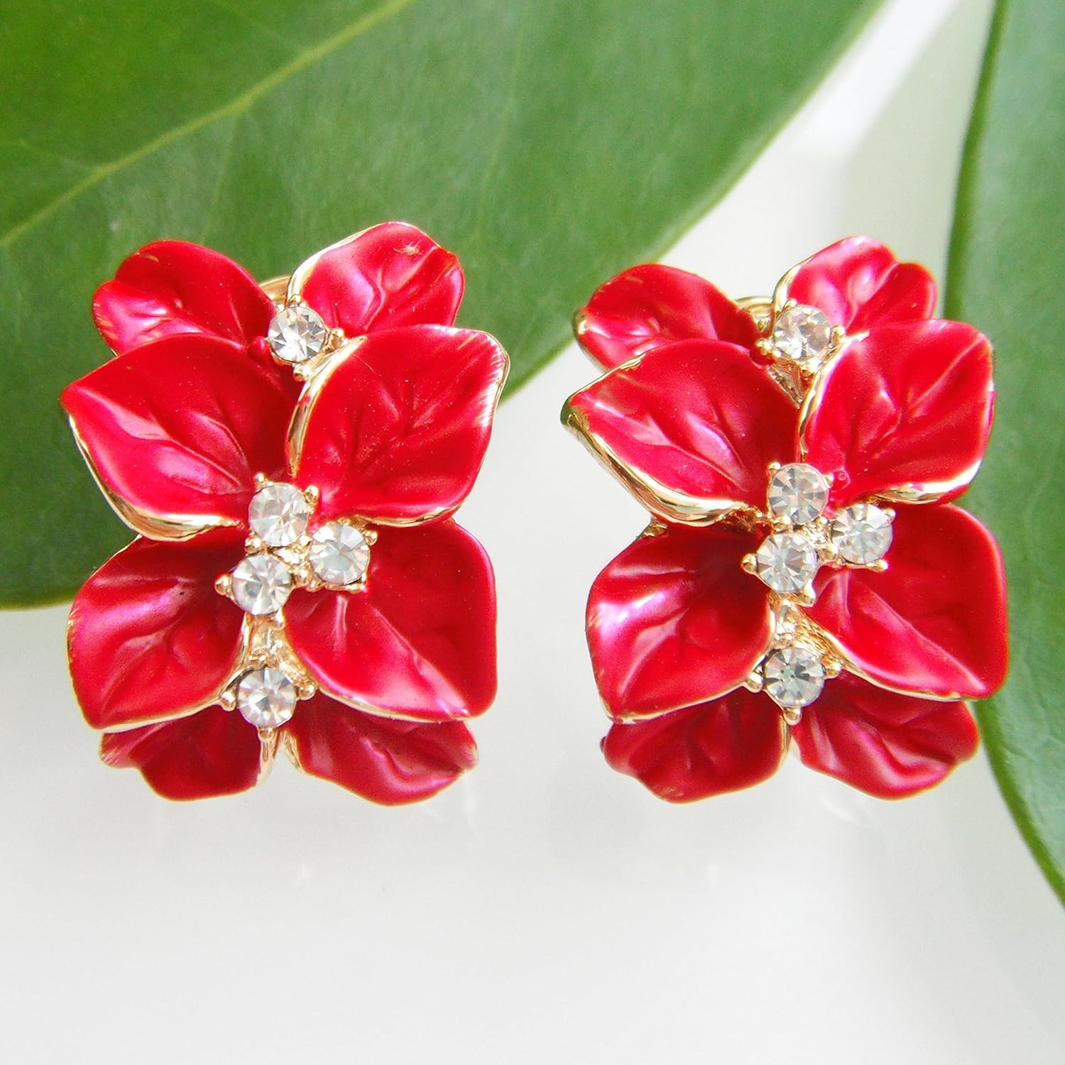 Navachi 18k Gold Plated White Crystal colorful Enamel Leaves Flower Omega Back Earrings - Image 4