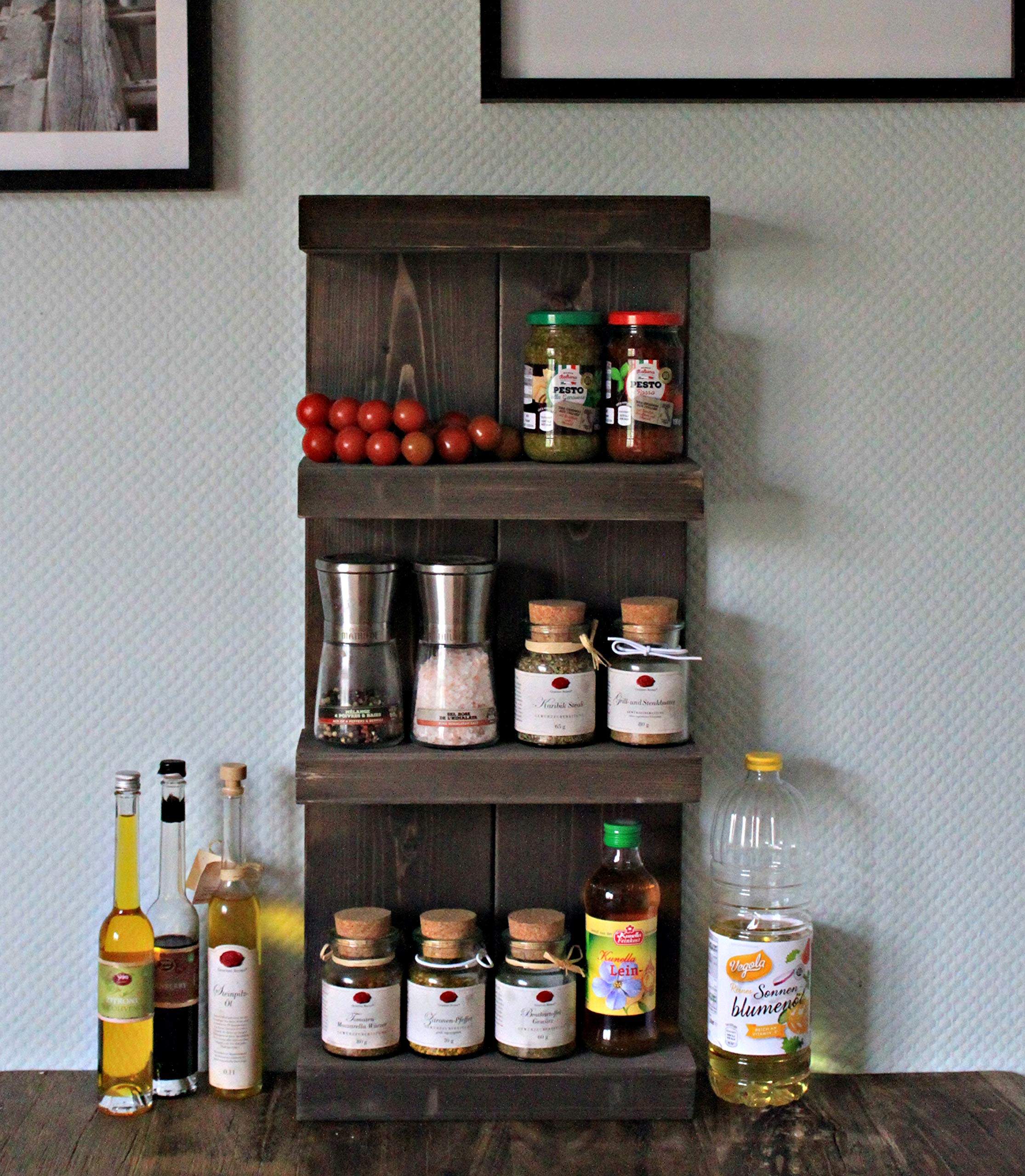 Dekorie67 Porte-épices En Bois - à Poser Ou à Accrocher Au Mur - Brun - 3 étagères - 48 X 29 X 12 Cm - Bois Massif