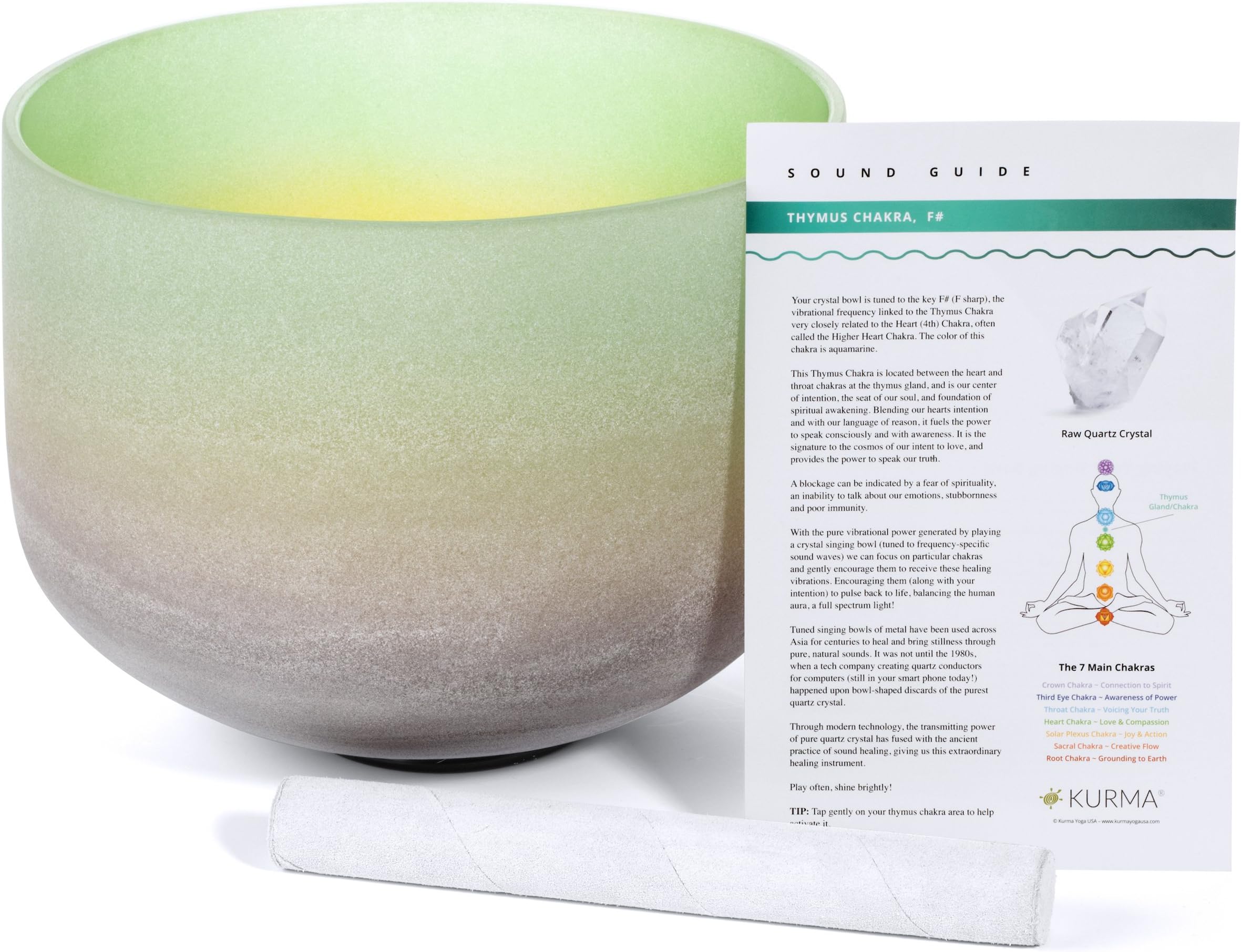 Thymus Gland Chakra Crystal Singing Bowl 432 Hz F Sharp, Green Yellow Purple Ombre, Mallet Included, Quartz Sound Healing (10 inch)