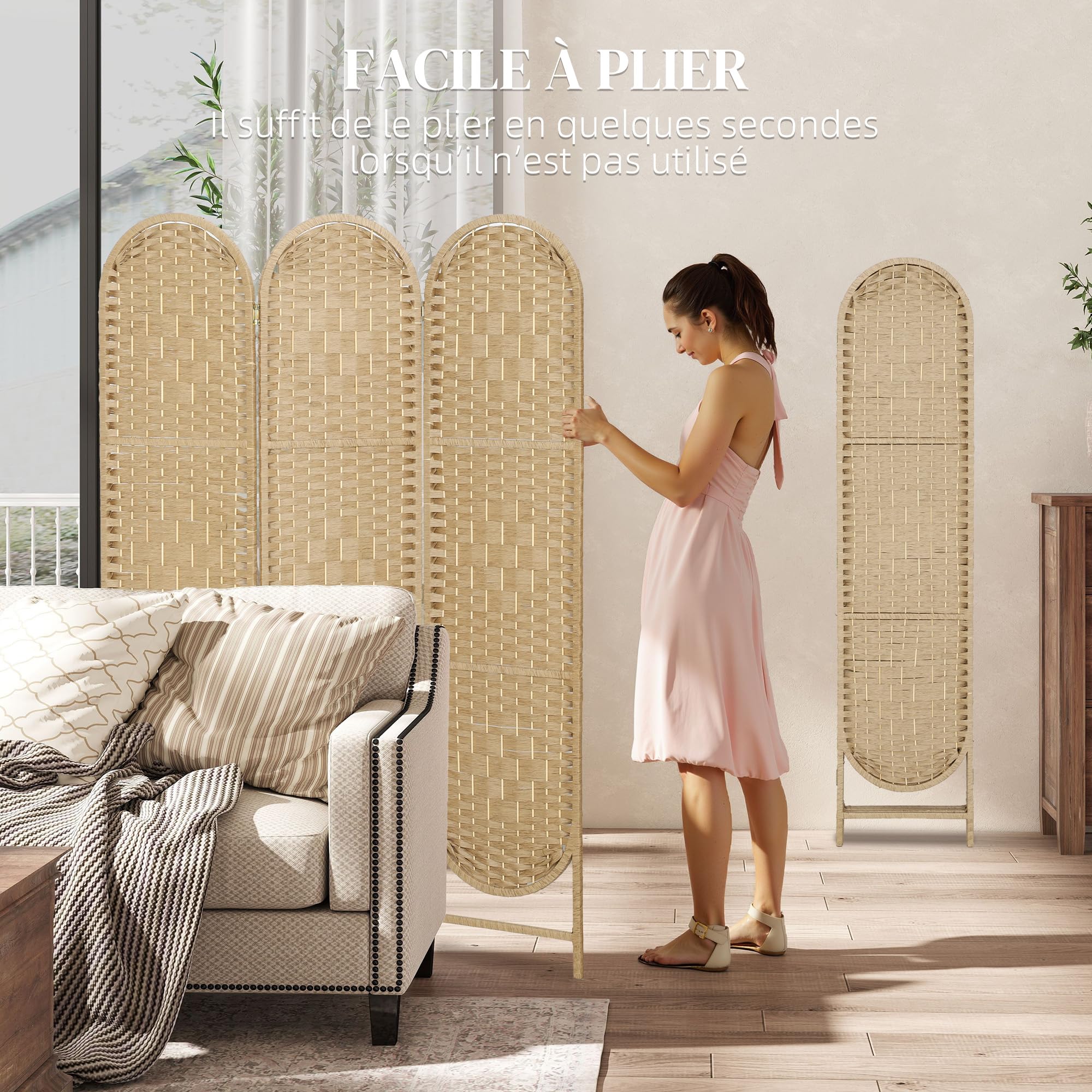 HOMCOM Paravent Interieur Ovale 3 Panneaux Léger 120 x 170 cm Bois Naturel | Séparateur de Pièce Pliable, Tissé, Style Bohème, Cloison de Séparation, pour Salon Chambre à Coucher Maison