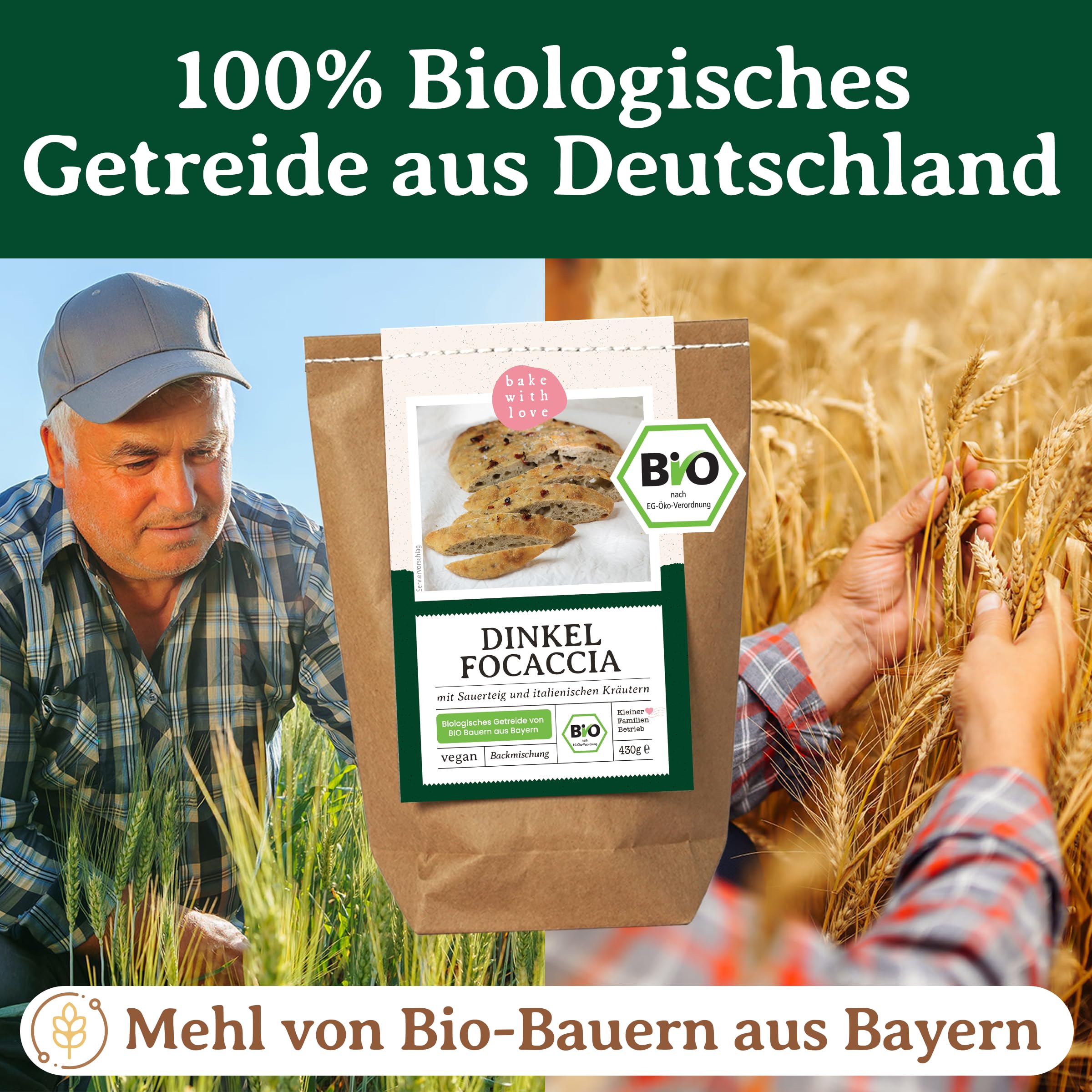 Bio Dinkel Focaccia Backmischung – mit 100 % Dinkelmehl, Dinkelsauerteig & italienischen Kräutern – fast ohne Hefe – Fladenbrot für den Ofen – Bake with Love – 10er Pack