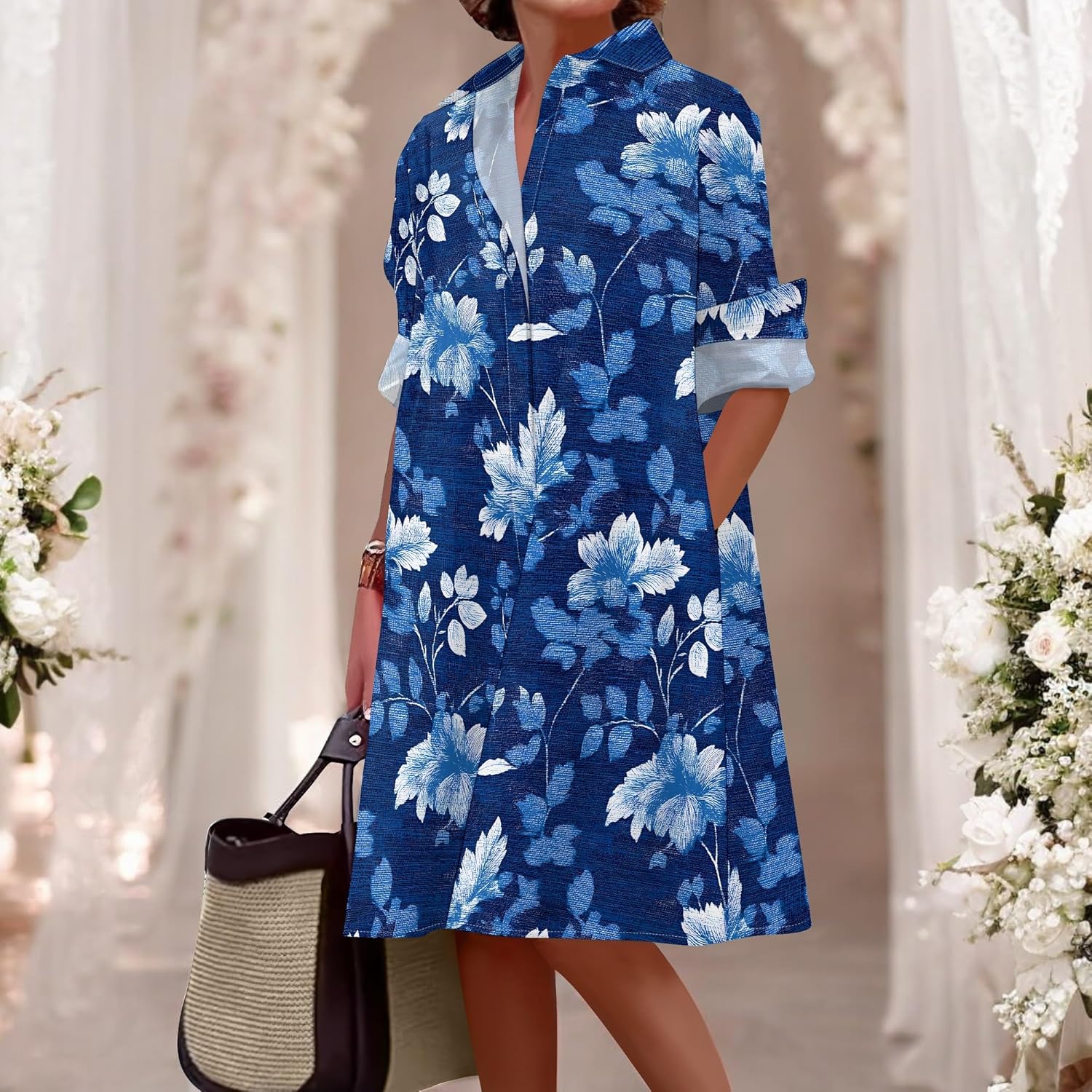 Shirt Dresses for Women 2025 Summer Long Sleeve Casual Plus Size Floral Printed Beach Vacation Dress with Pockets - Image 3