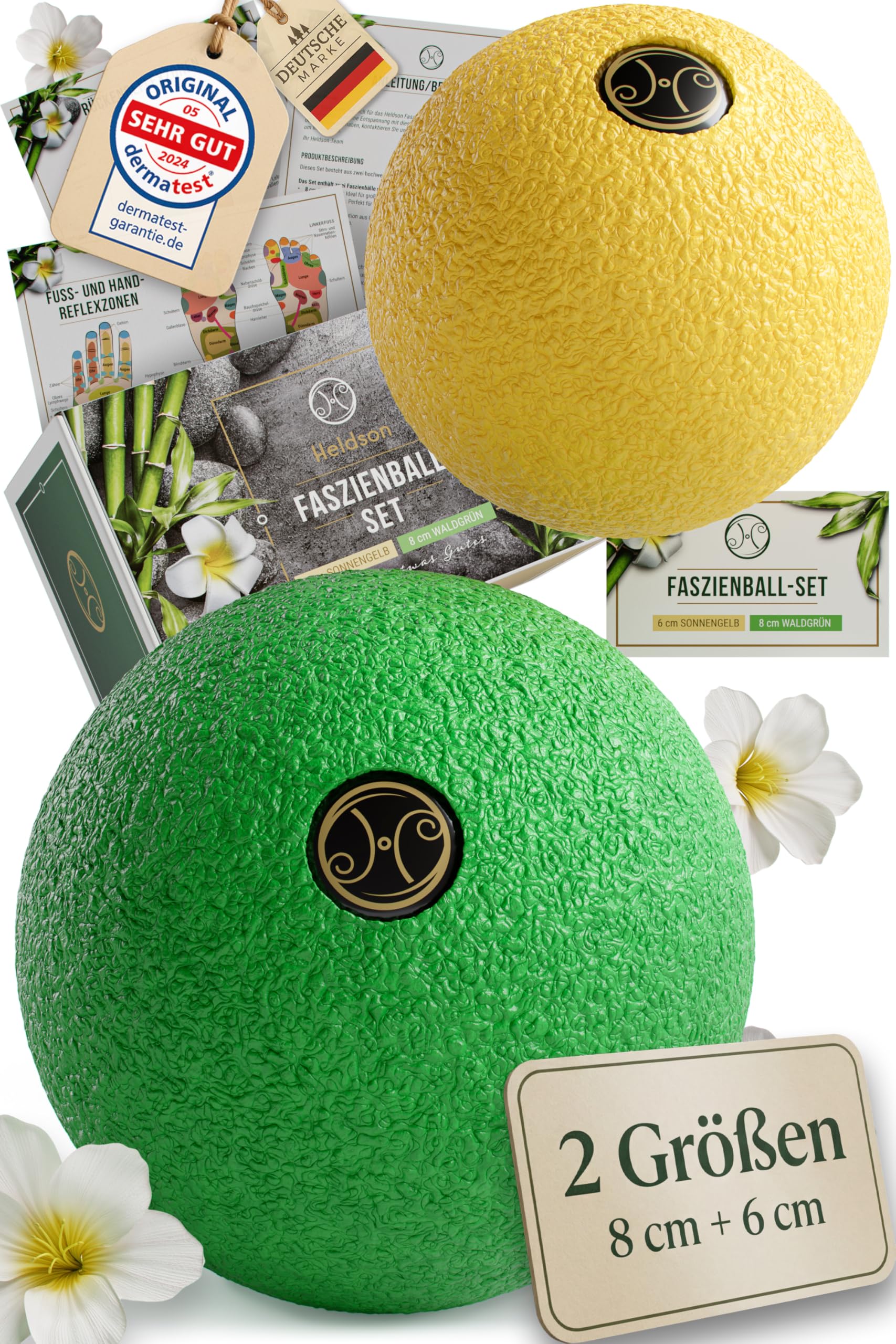 HELDSON® Premium Faszienball klein 2er Set [6cm & 8cm] - Faszien Ball hart - Faszienball für Füße - Massage Ball um Verspannungen in Nacken, Schulter zu lösen - Faszienkugel - Massageball Rücken