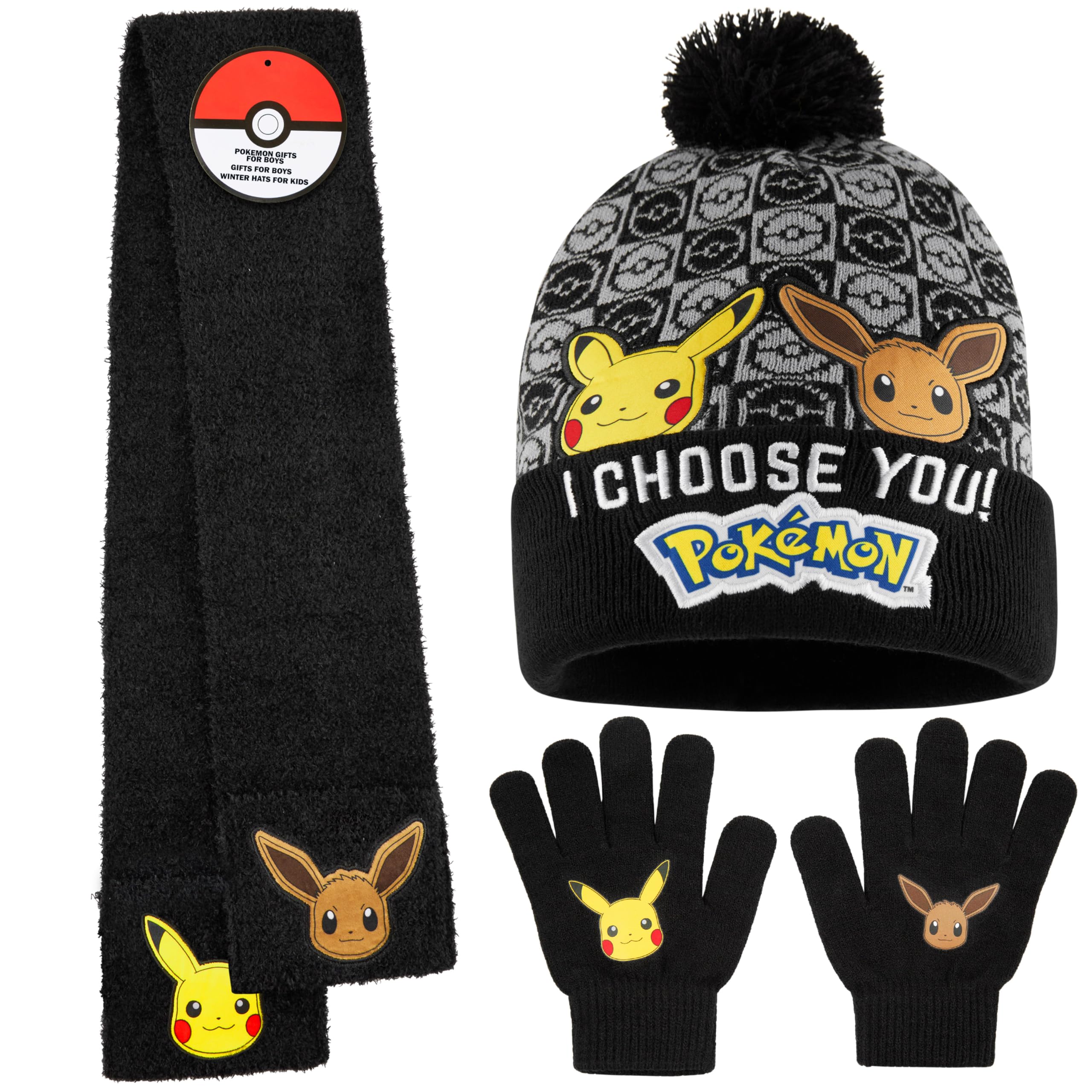 Pokemon Winter Accessories Set for Boys 4-12 Years, 3 Pcs Beanie Scarf & Gloves or 2 Pcs Gloves & Winter Hat, Anime Gifts (4-12 Years, Black, 3 Pcs)
